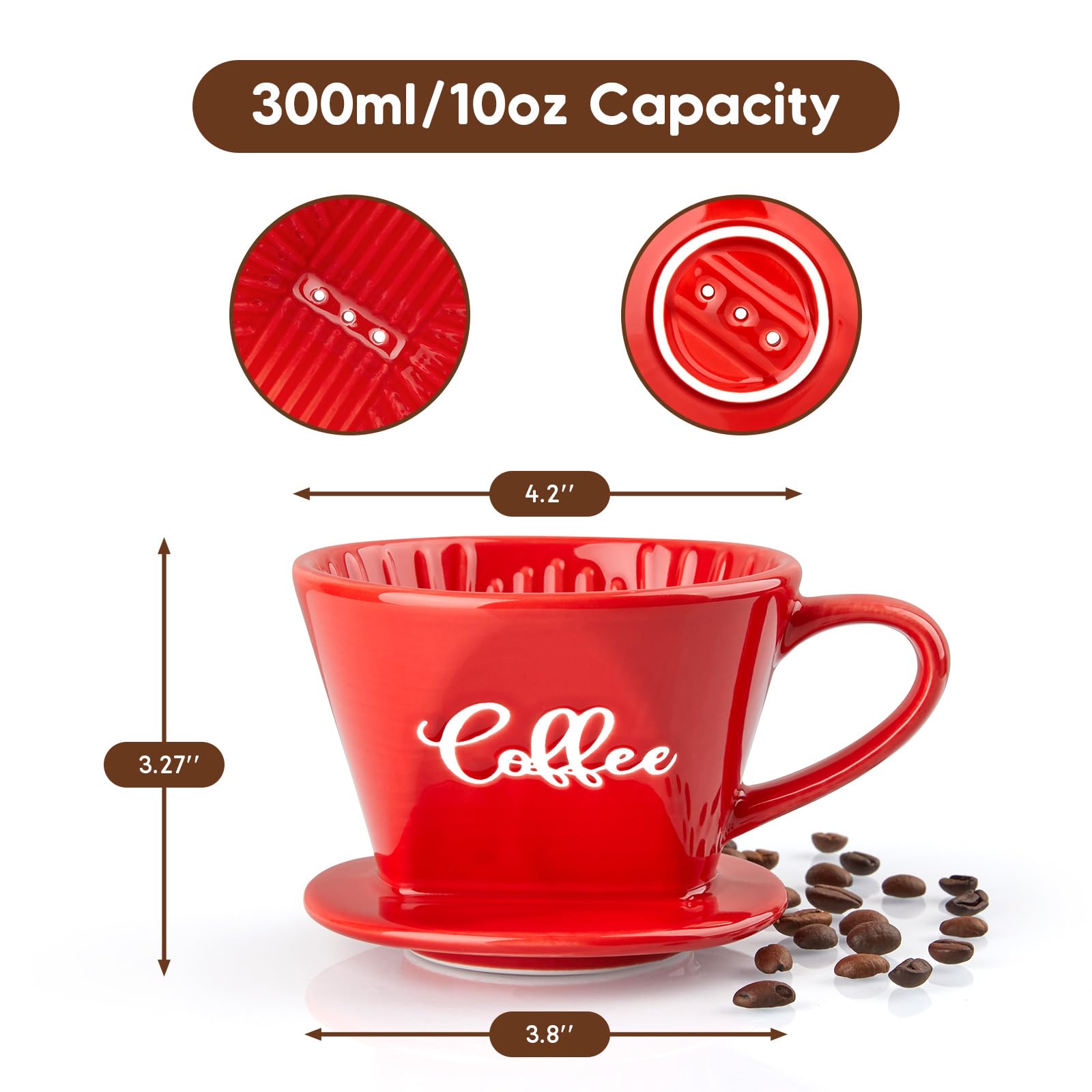 Premium Ceramic Pour Over Coffee Maker - Manual Slow Brew Dripper for Single Cup Coffee, Ideal for Home, Cafe & Coffee Bar - Stylish Red Kitchen Decor & Accessories