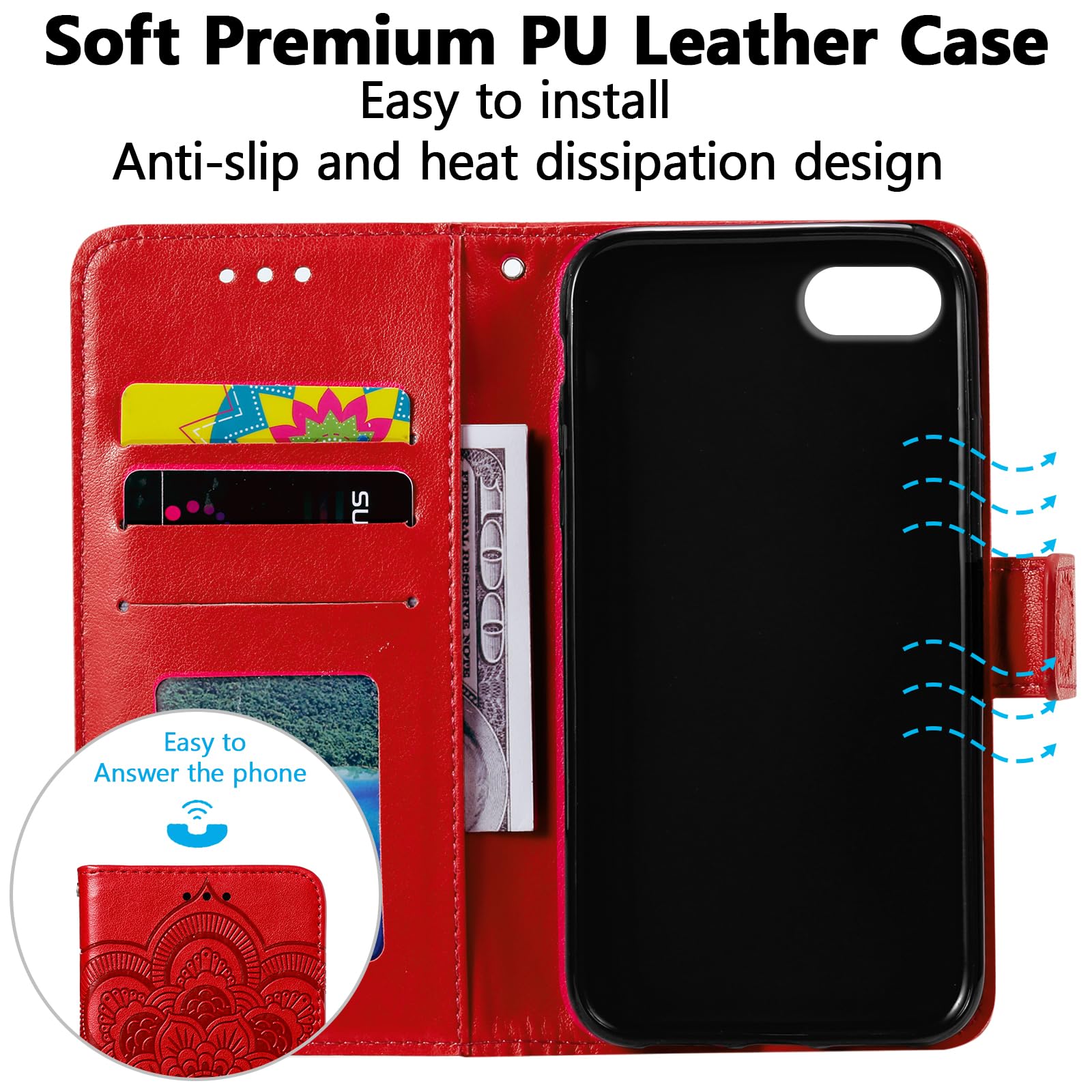 Premium Leather Mandala Flip Wallet Case for iPhone SE/7/8 (5G Compatible) - Magnetic Stand with Card Slots & Lanyard, Ultra Slim Embossed Cover (Red) - Perfect for Daily Commute, Travel & Hands-Free Viewing