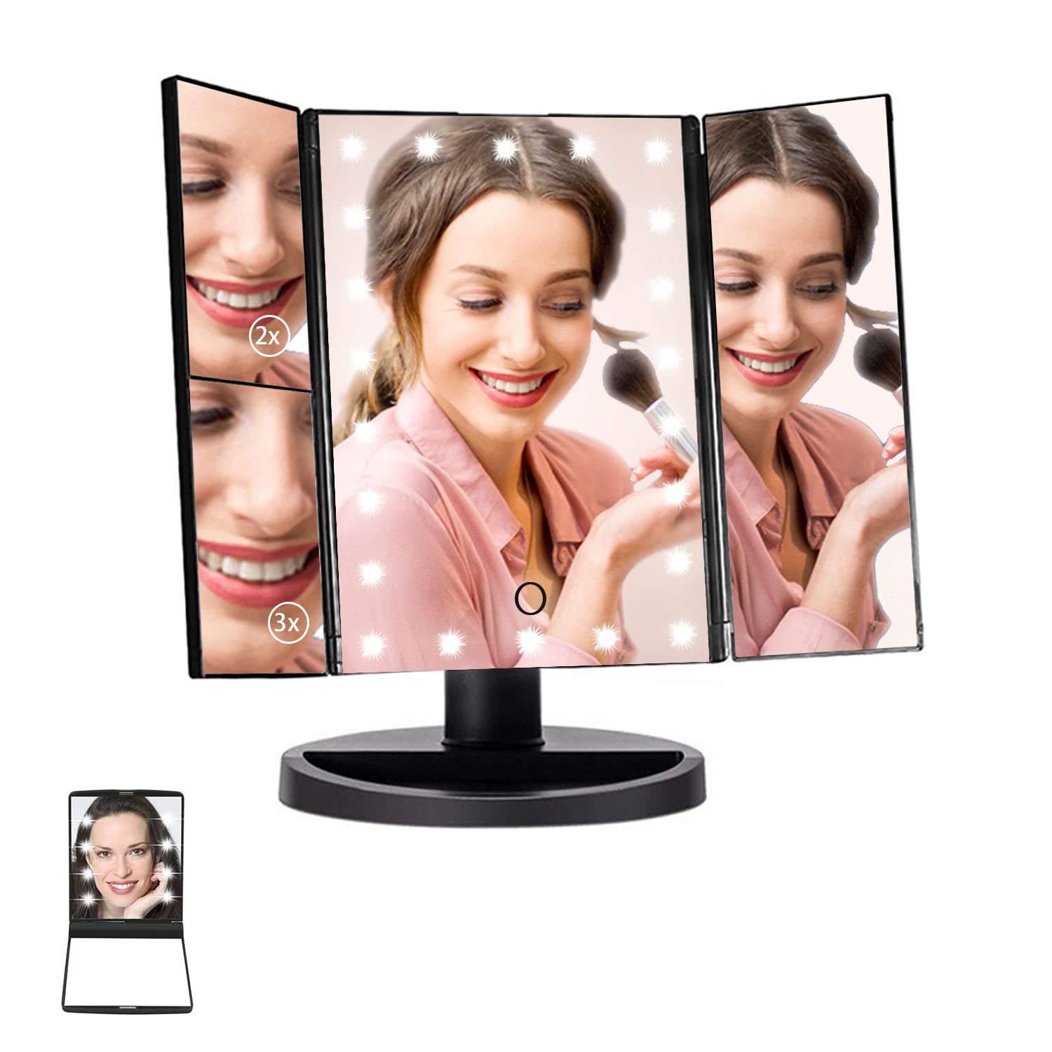 Trifold LED Lighted Makeup Mirror with 3X/2X/1X Magnification - 22 Adjustable LED Lights, Touch Control & Dual Power Supply - 180° Rotating Vanity Mirror for Perfect Makeup Application - Ideal Gift for Women, Brides & Beauty Enthusiasts (Home, Salon & Travel Use)