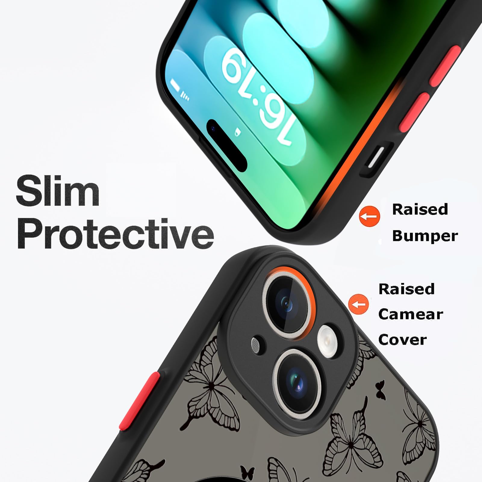 Magnetic Case for iPhone 15 (6.1 Inch) - MagSafe Compatible Clear Frosted PC Back with Black Butterfly Design, Soft Bumper Shockproof Protective Phone Cover for Women | Perfect for Everyday Use, Work & Travel