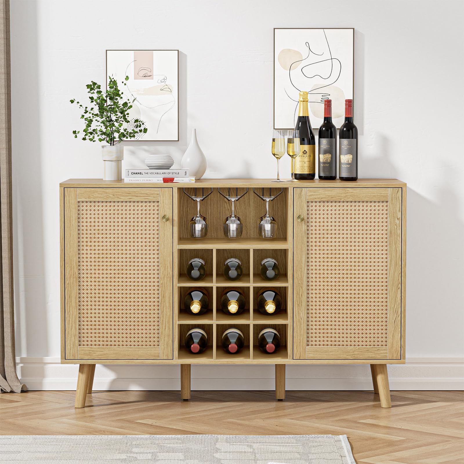 Giluta Rattan Wine Bar Cabinet with 2 Doors - Farmhouse Liquor Storage with Wine Rack & Glass Holder - Rustic Oak Sideboard Buffet for Living Room, Dining Room & Kitchen - Perfect for Home Entertaining & Wine Display