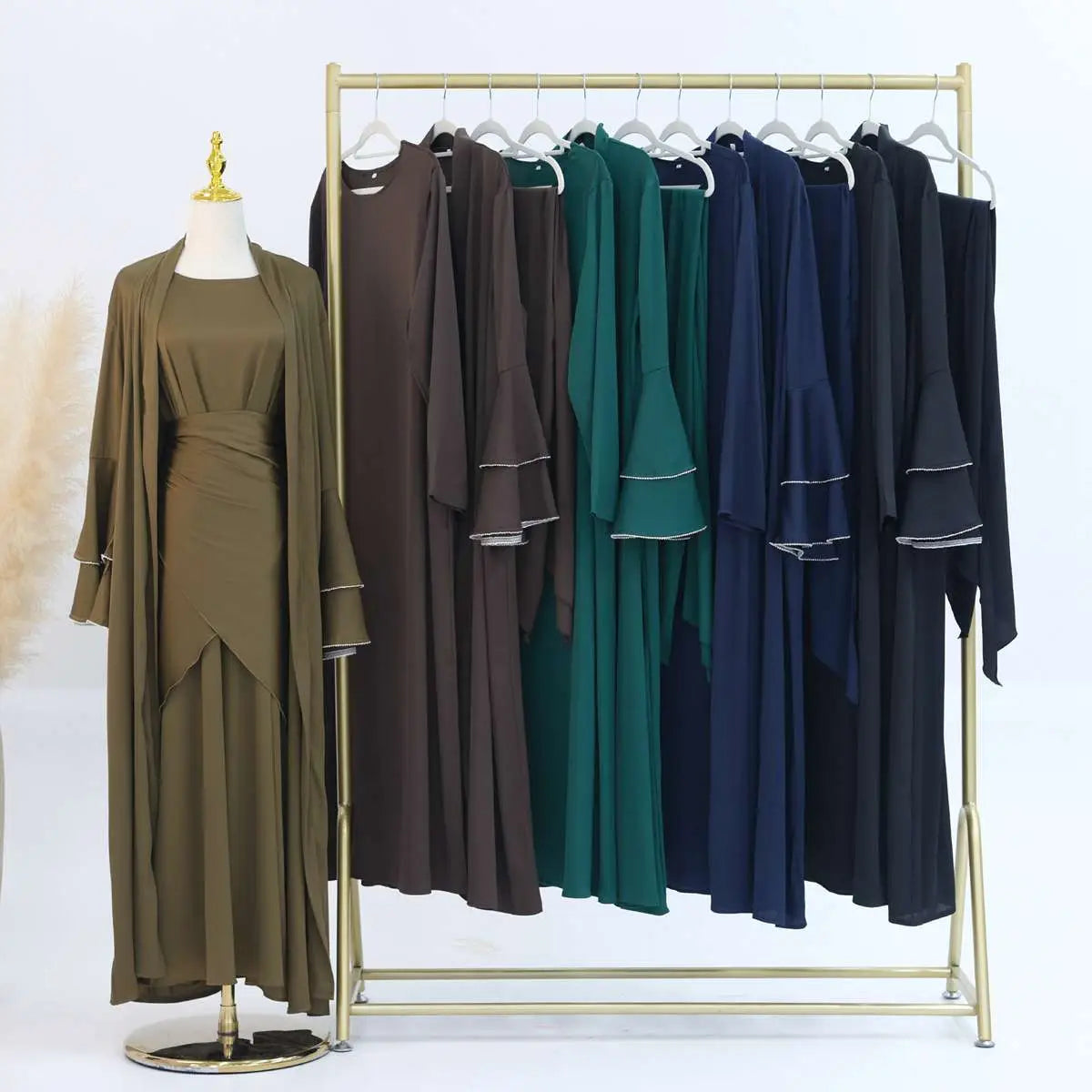 Elegant 3-Piece Satin Abaya Dress Set with Inner Dress & Midi Wrap - Perfect for Eid, Ramadan, and Special Occasions