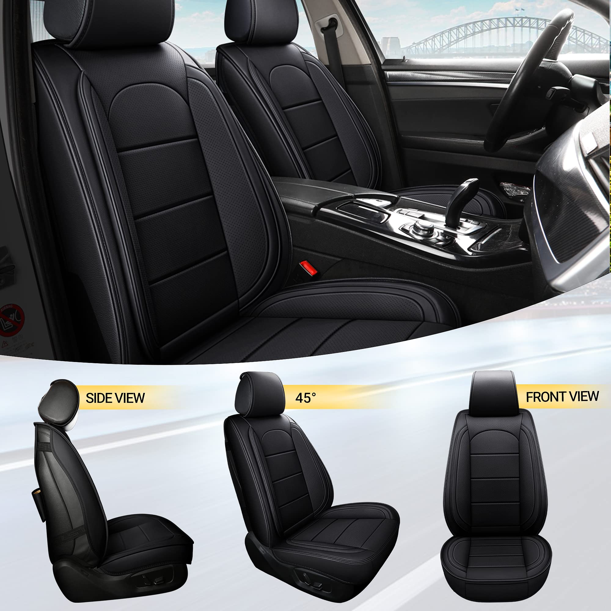Premium AOOG Leather Car Seat Covers with Backseat Organizer - Universal Fit for Sedans, SUVs & Trucks (Front Pair, Black) | Durable Protection & Stylish Upgrade for Daily Commute, Road Trips & Family Travel