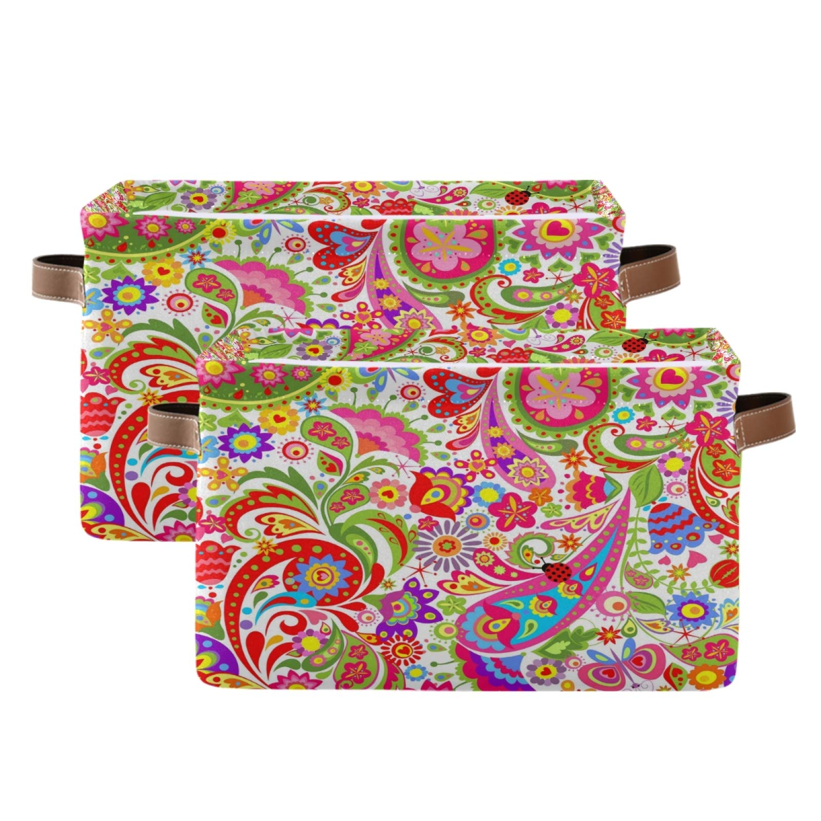 AUUXVA Collapsible Storage Basket - Durable Canvas Paisley Floral Cube Box with Handles for Toys, Clothes & Home Organization | Perfect for Bedroom, Closet, Shelf & Office Storage