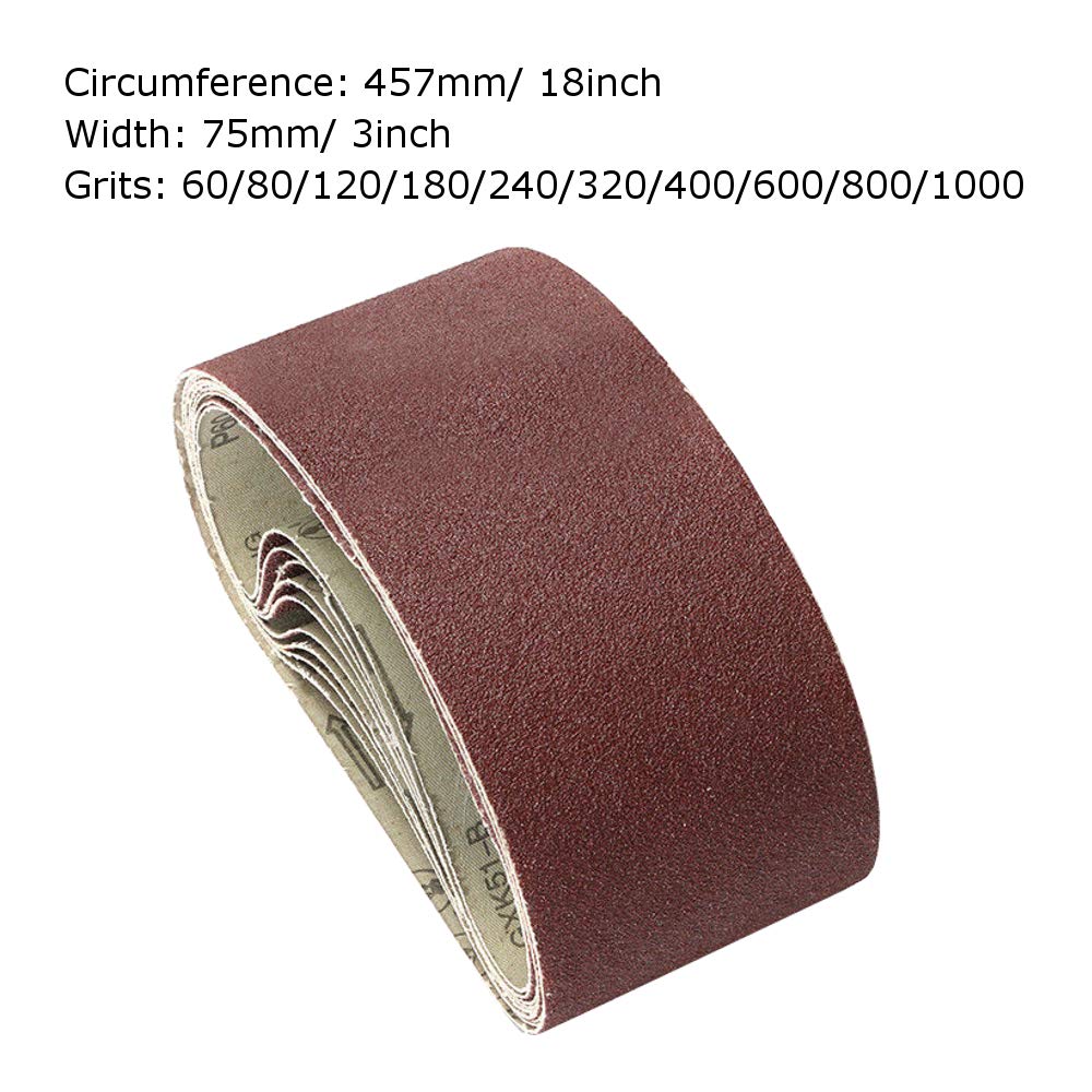 3 Inch x 18 Inch Sanding Belts - 10 Pack Aluminum Oxide Sanding Belts with 60/80/120/180/240/320/400/600/800/1000 Grits for Woodworking & Metal Polishing - Perfect for Belt Sanders, DIY Projects, Furniture Refinishing and Automotive Sanding