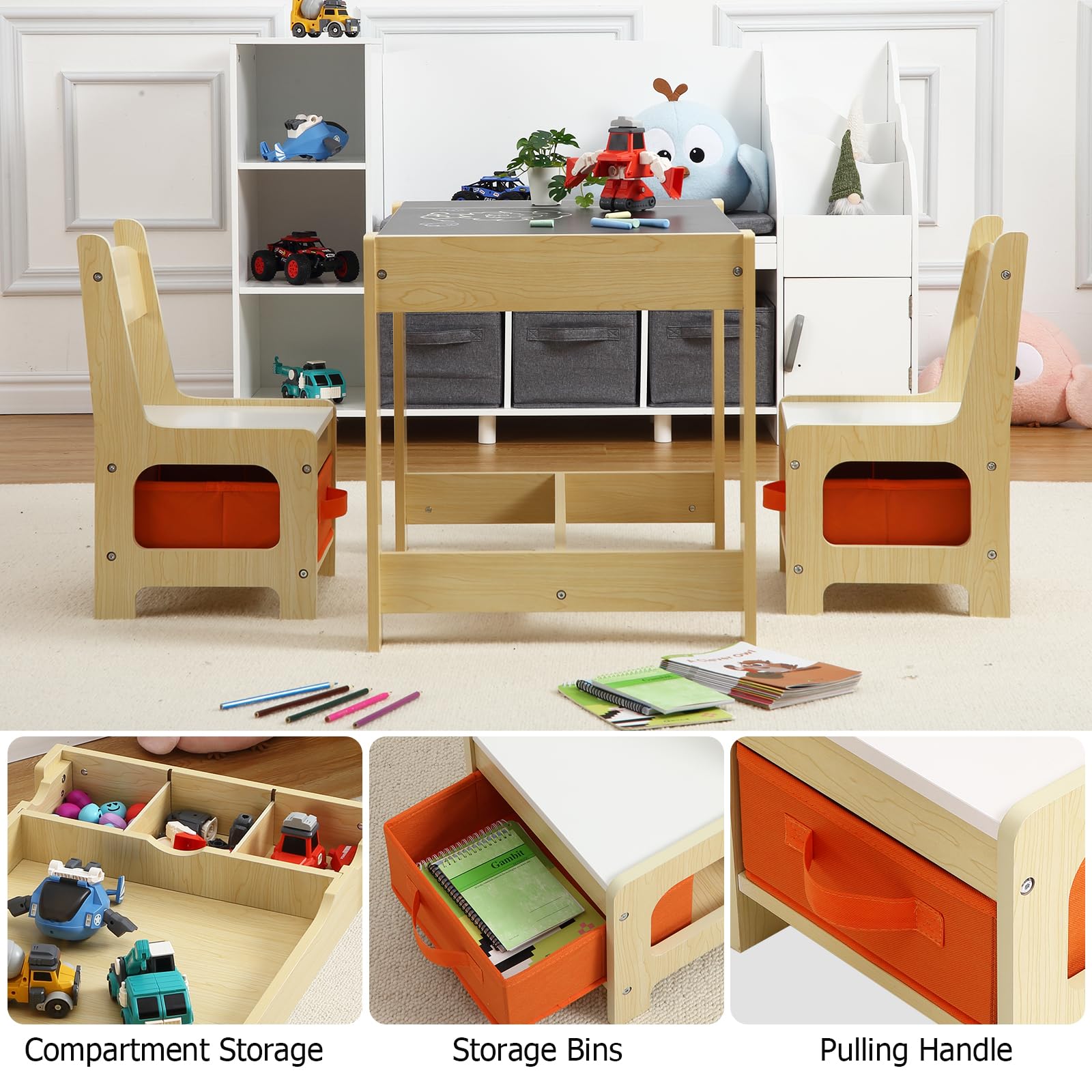 GARVEE 3-in-1 Kids Table and Chair Set with Storage Drawer | Wooden Activity Table for Toddlers | Arts & Crafts Table | 2-in-1 Tabletop | Natural Wood Playroom Furniture for Home, Preschool & Kindergarten | Perfect for Drawing, Learning & Playtime Activities