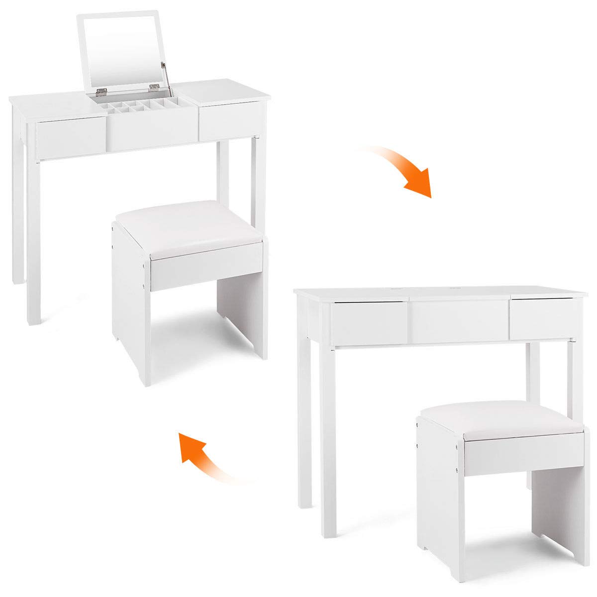 Casart White Bathroom Vanity Dressing Table with Flip Top Mirror, 2 Drawers & 3 Removable Organizers - Perfect for Small Spaces, Makeup Storage & Home Organization