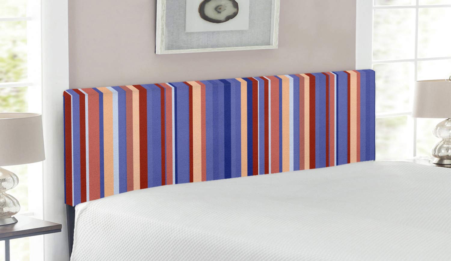 Ambesonne Abstract Upholstered Headboard - Gradient Color Vertical Stripes Retro Design, Memory Foam Decorative Metal Bed Headboard - Queen Size (Violet Blue Salmon) | Perfect for Modern Bedroom Decor & Guest Room Upgrade