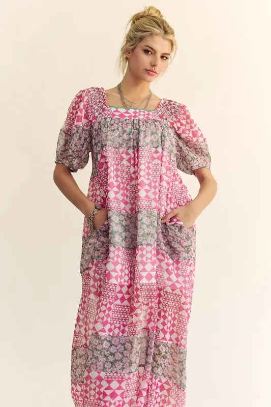 Floral Square Neck Puff Sleeve Maxi Dress for Women - Summer Boho Beach Wedding Guest Dress