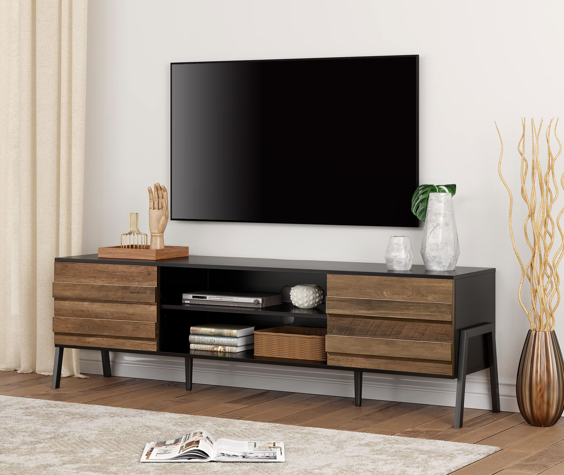 WAMPAT Mid-Century Modern TV Stand for 75+ Inch TVs - Retro Wood Entertainment Center with Storage Cabinet & Metal Legs - 70 Inch TV Console Table for Living Room & Bedroom (Black/Brown) - Perfect for Home Theater Setup & Stylish Living Spaces