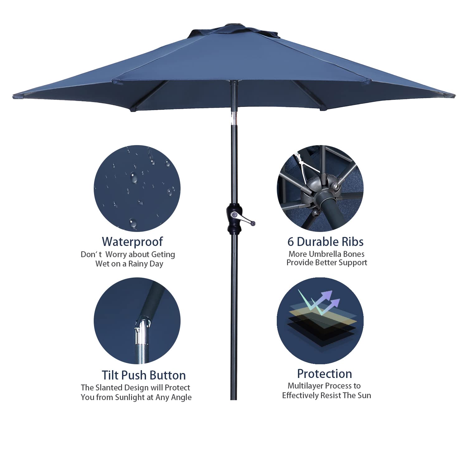 7.5FT Outdoor Patio Umbrella with Push Button Tilt - Navy Blue Garden Umbrella for Poolside, Backyard, Deck & Outdoor Dining