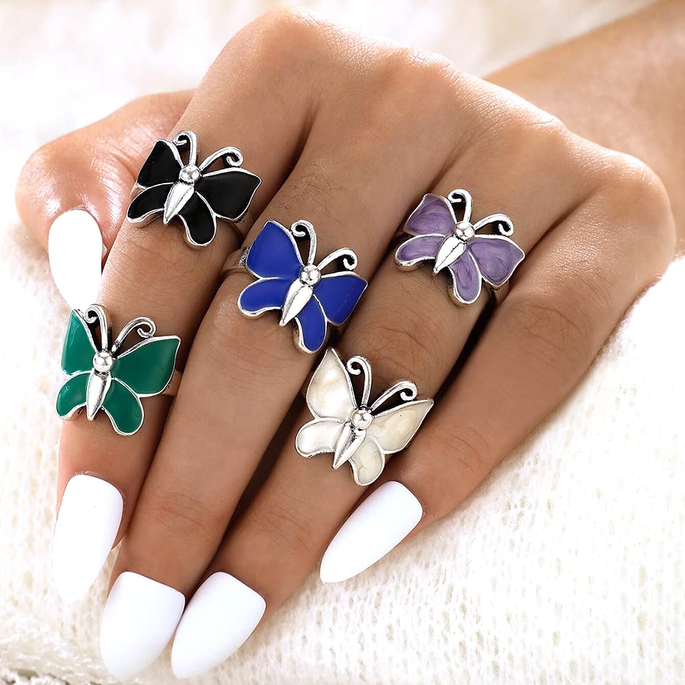 5 Pcs Resin Acrylic Butterfly Knuckle Rings Set - Colorful Solid Butterfly Stackable Joint Finger Rings for Women & Girls - Vintage Boho Jewelry for Parties, Festivals & Everyday Wear