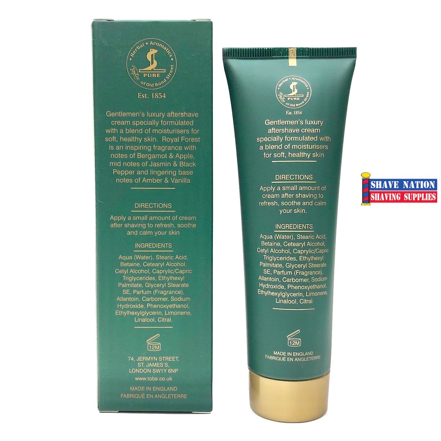 Taylor of Old Bond Street Royal Forest Luxury Aftershave Cream for Men - Hydrating Post-Shave Moisturizer with Sandalwood & Cedarwood Scent - Perfect for Daily Grooming & Special Occasions
