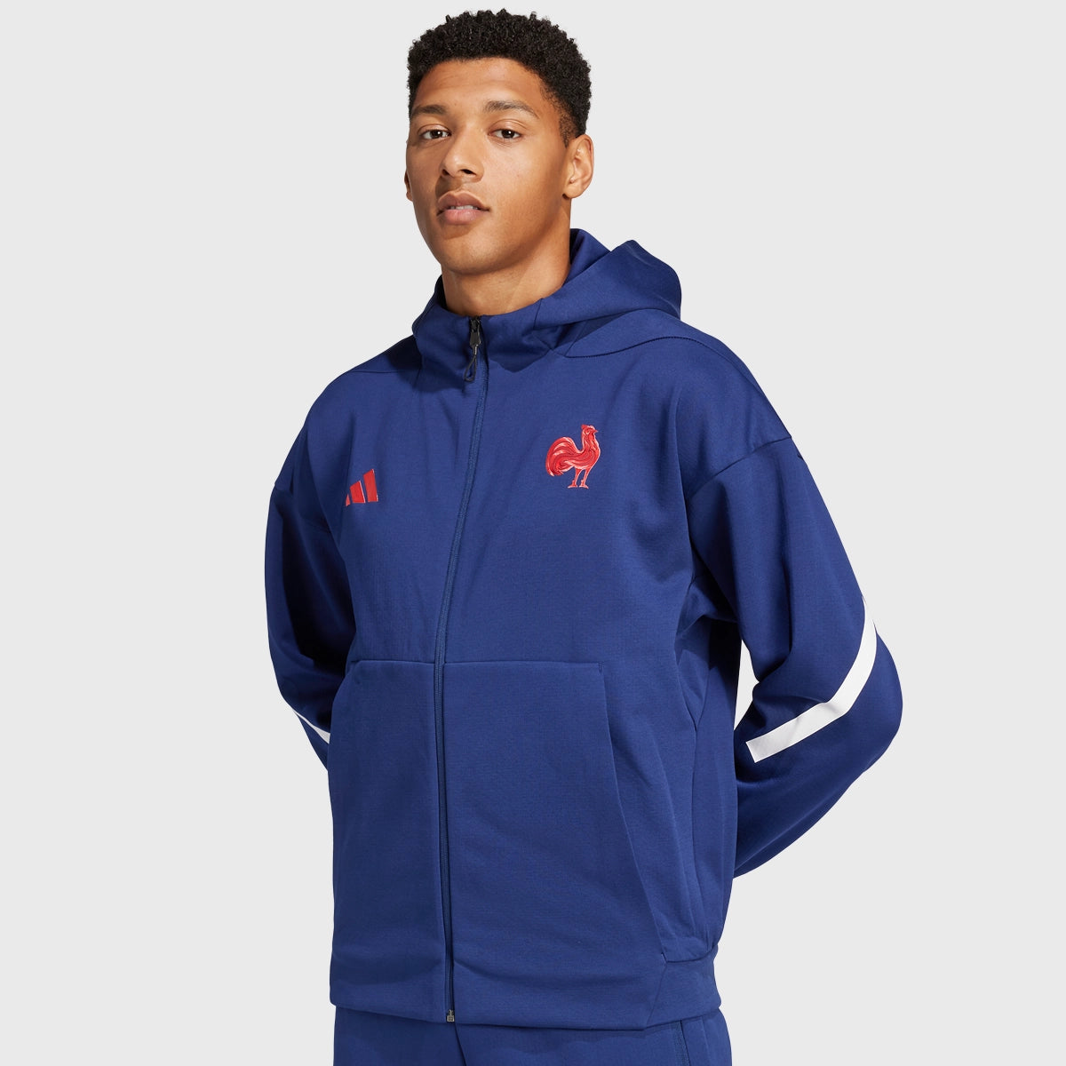 Adidas France Rugby Travel Full Zip Hoodie - Dark Blue Men's Pullover for Sports & Casual Wear - Perfect for Training, Travel & Outdoor Activities