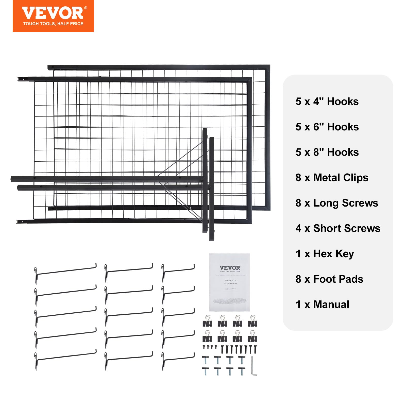 VEVOR 2' x 5.6' Grid Wall Display Panels - 2 Pack Wire Grid Panels with T-Base Floor Stand for Retail Stores, Craft Shows & Trade Exhibits - Double Sided Gridwall Display System with Bonus Hooks & Clips - Perfect for Boutique Merchandising, Art Displays and Trade Show Booths