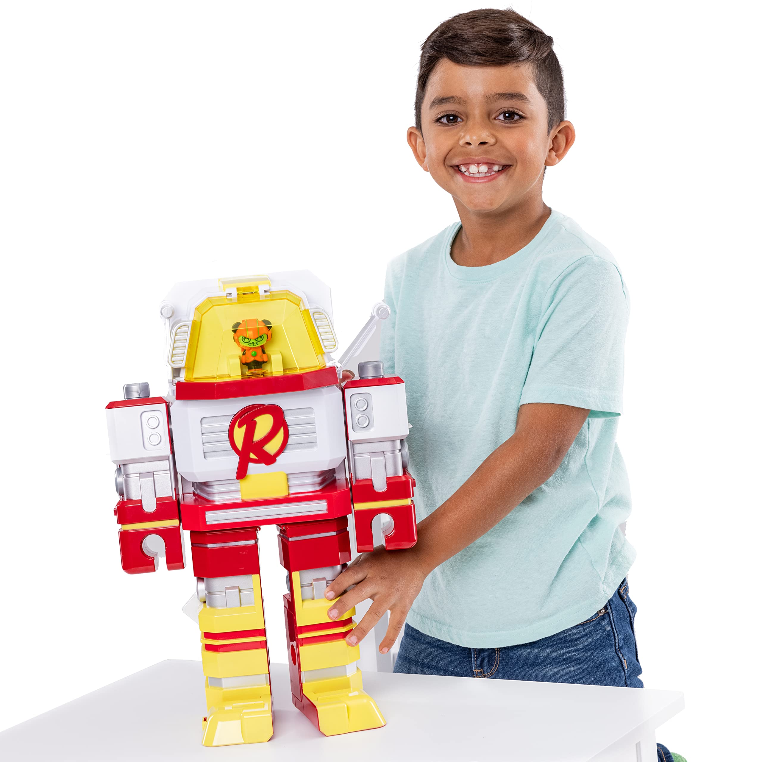 Ryan's World Mega Mecha Titan Robot - Transforming Chest to Red Titan Robot | 5 Micro Figures, Spinner, Wearable Eye Mask & Cape, Stickers Included | Perfect for Kids' Playtime, Birthday Gifts & Action Figure Collectors