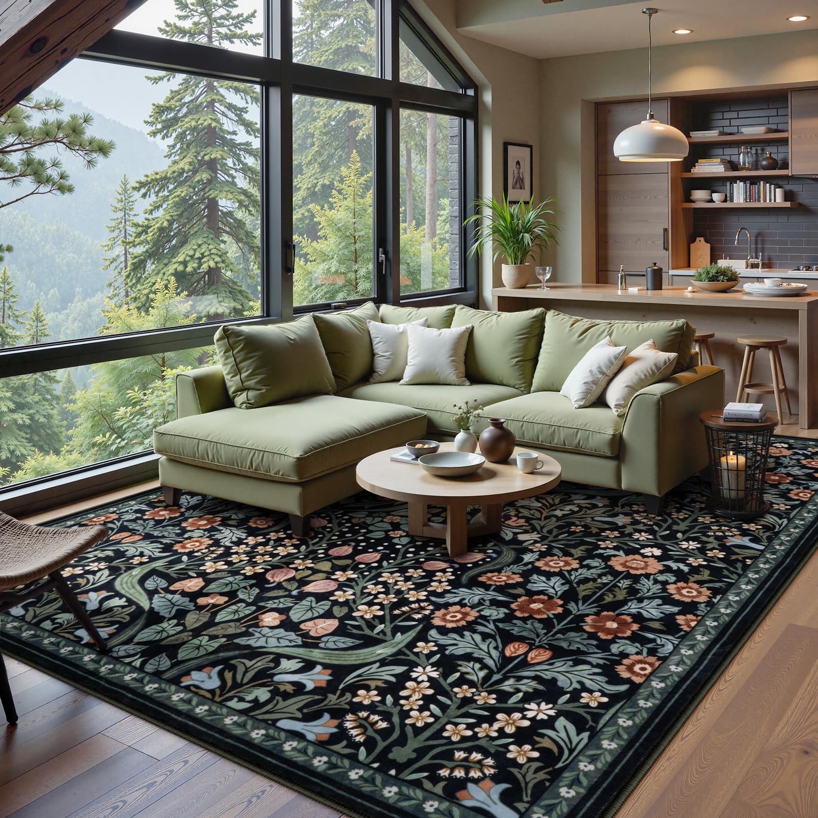 Premium Moynesa Floral Washable Rug 8x10 - Soft Boho Area Rug for Living Room, Bedroom, Dining Room & Office - Non-Slip Ultra Thin Floor Carpet in Black - Perfect for Home Decor, Nursery & High-Traffic Areas