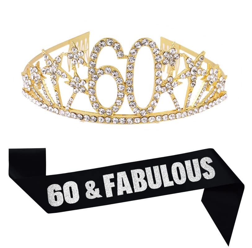 Mayin Happy 60th Birthday Tiara & Sash Set - Crystal Rhinestone Princess Crown with Gold/Silver Lettering & Black Sash - Perfect for Birthday Queen Parties, Milestone Celebrations & Special Occasions