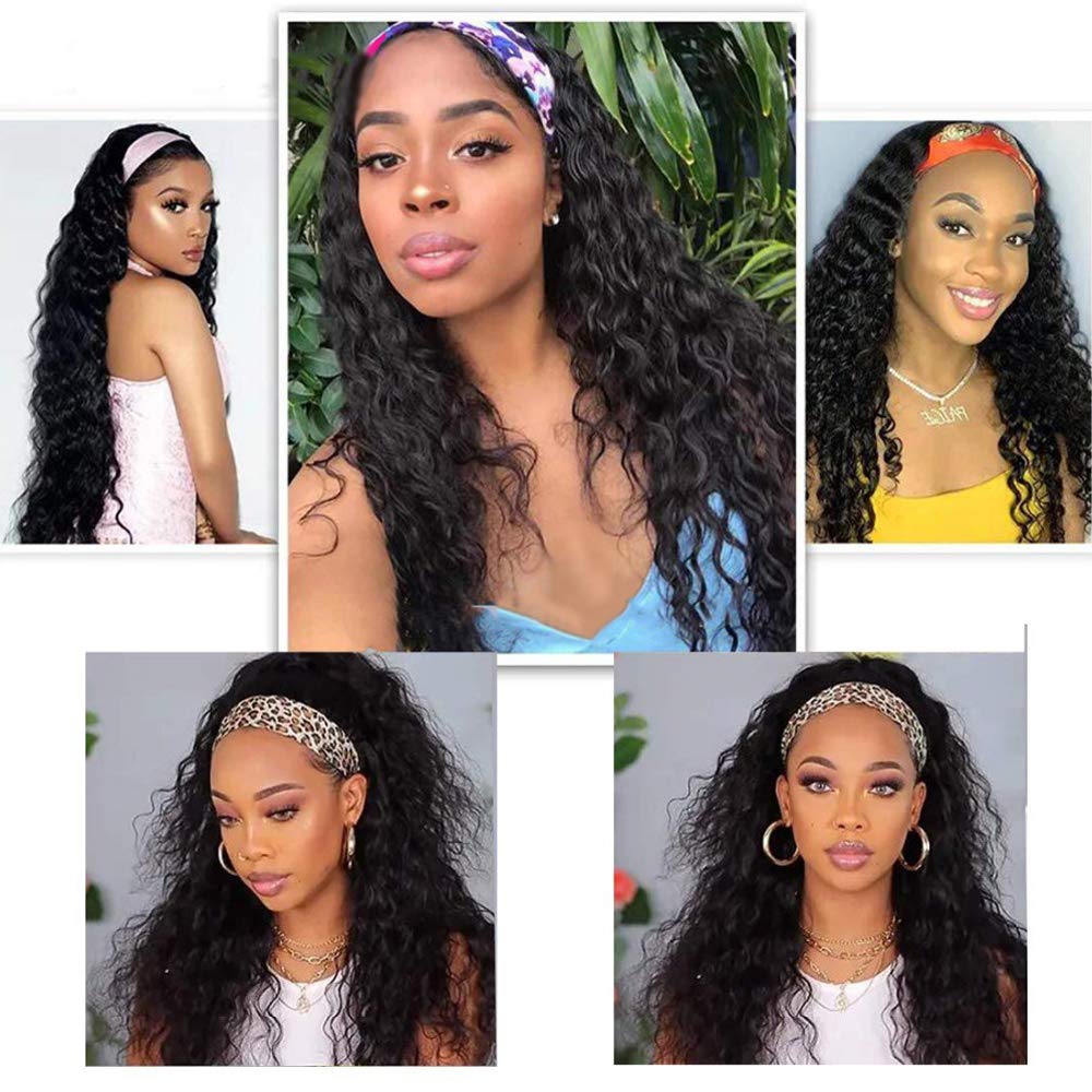 20 Inch Water Wave Human Hair Wigs for Women - Brazilian Virgin Hair Glueless Wavy Wig with Free Headbands, Non Lace Front Protective Style 180% Density - Perfect for Daily Wear, Parties & Protective Styling