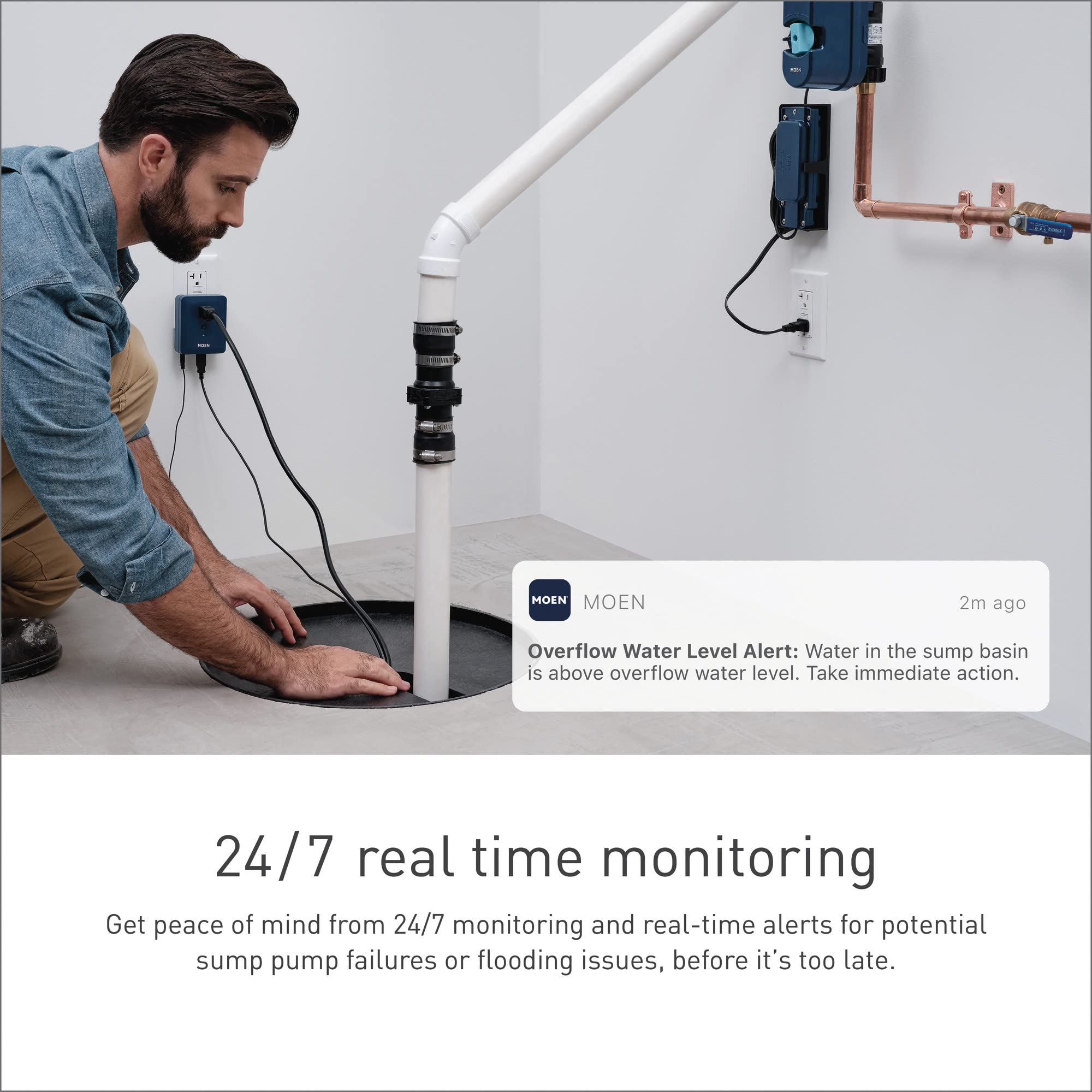 Moen Smart Sump Pump Monitor with Wi-Fi Connectivity - Water Alarm Sensor for Basement Sump Pumps - S2000ESUSA Model - Perfect for Flood Prevention & Home Security Monitoring