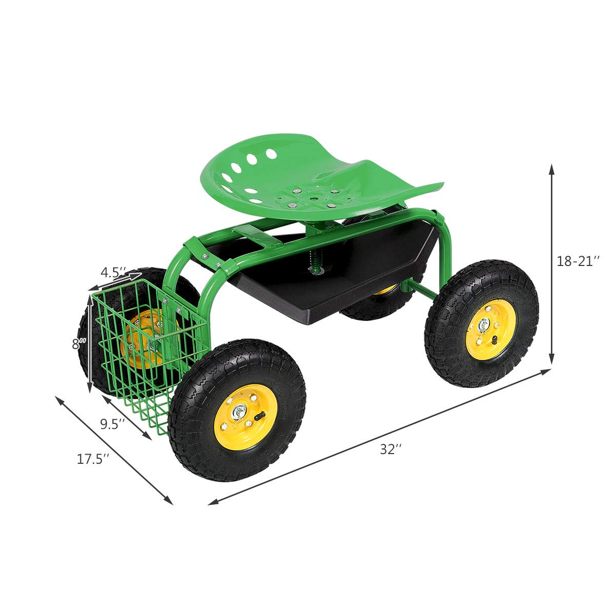 Heavy Duty Garden Cart with Adjustable Swivel Seat - Rolling Work Seat for Planting, Gardening, and Yard Work - Includes Tool Tray & Storage Basket - Perfect for Landscaping, Farm Work, and Outdoor Projects