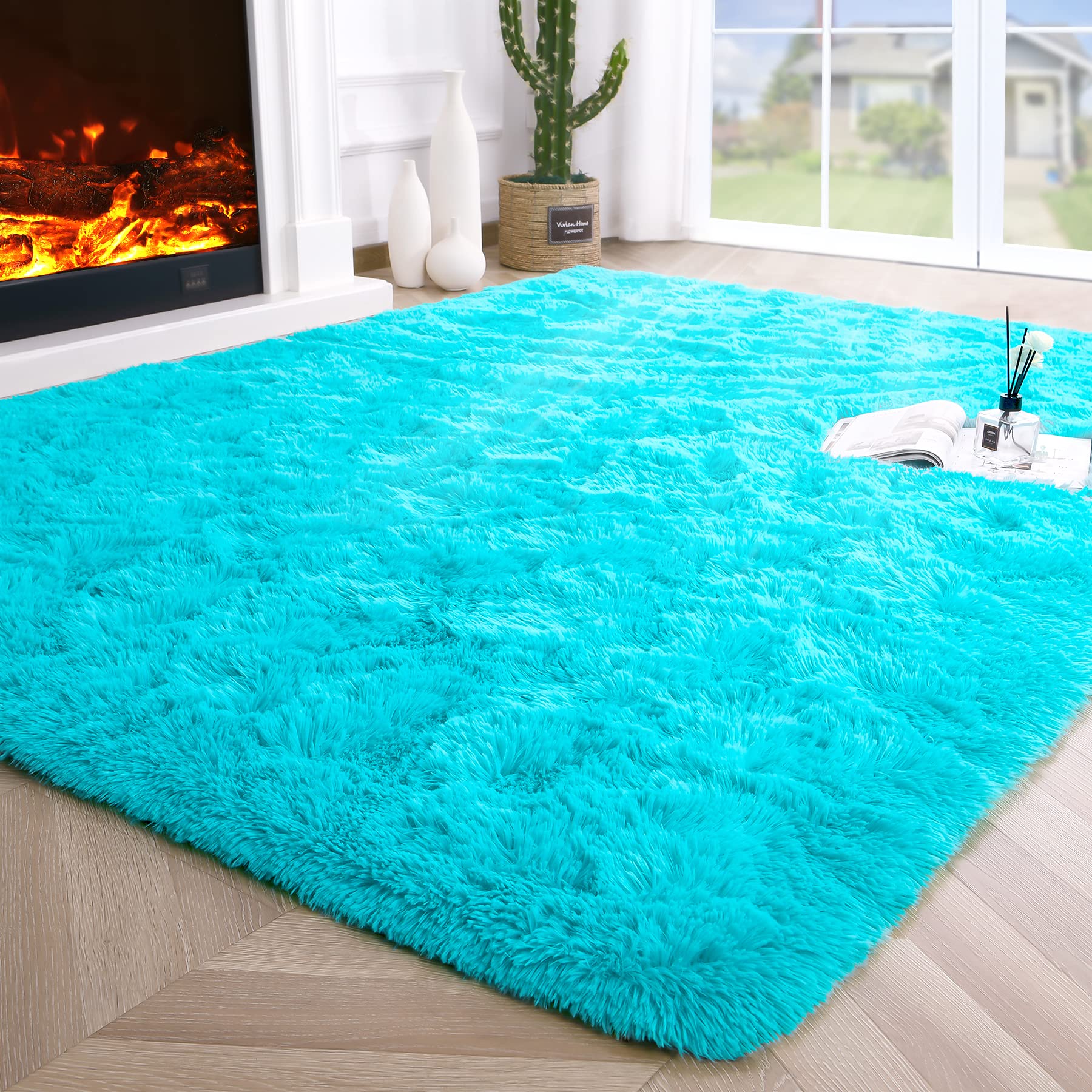Noahas Fluffy Plush Shaggy Rug - Ultra Soft Fuzzy Bedroom Carpet for Kids Room, Nursery, Living Room - Modern Indoor Floor Decor for Boys & Girls - 4x5.3 Feet Teal Blue - Perfect for Cozy Play Areas & Bedside Comfort