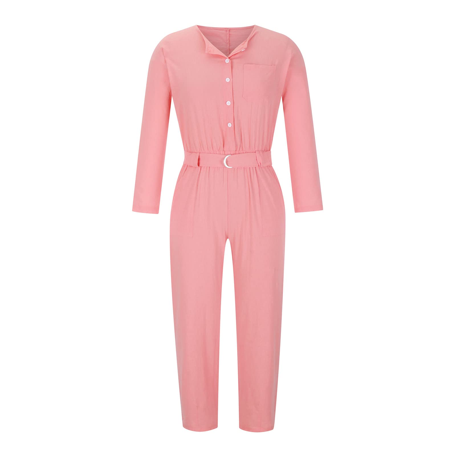Women's Linen Dungarees - Loose Fit V-Neck Jumpsuit with Long Sleeves & Belt | Solid Color Cargo Bib Overalls | Boho Romper for Spring, Summer, Autumn | Perfect for Holiday, Beach & Casual Wear