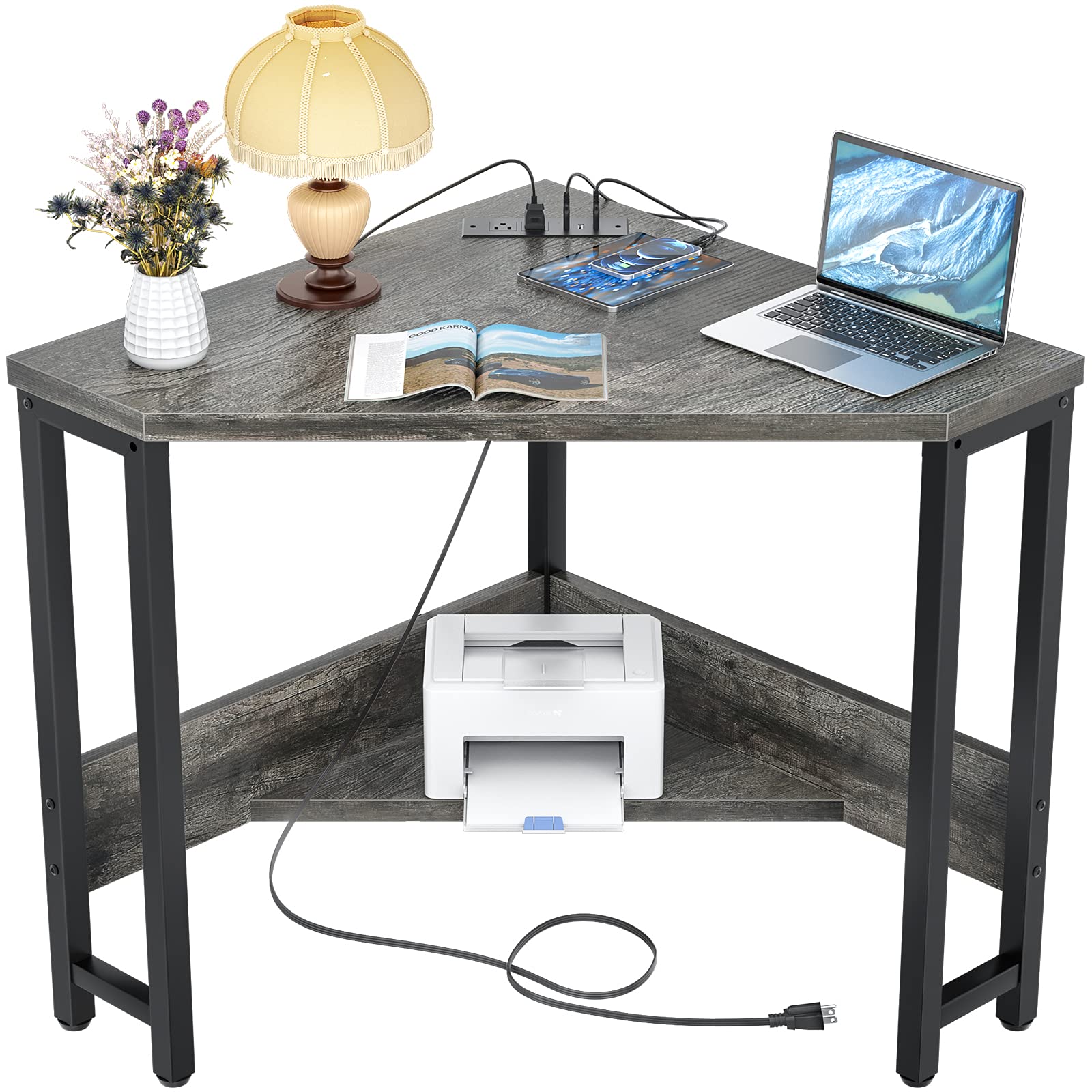 Armocity Small Corner Desk with USB Ports & Outlets - Compact Oak Triangle Computer Desk with Storage for Home Office, Workstation, Living Room & Bedroom - Perfect Space-Saving Solution for Apartments, Dorms & Small Spaces