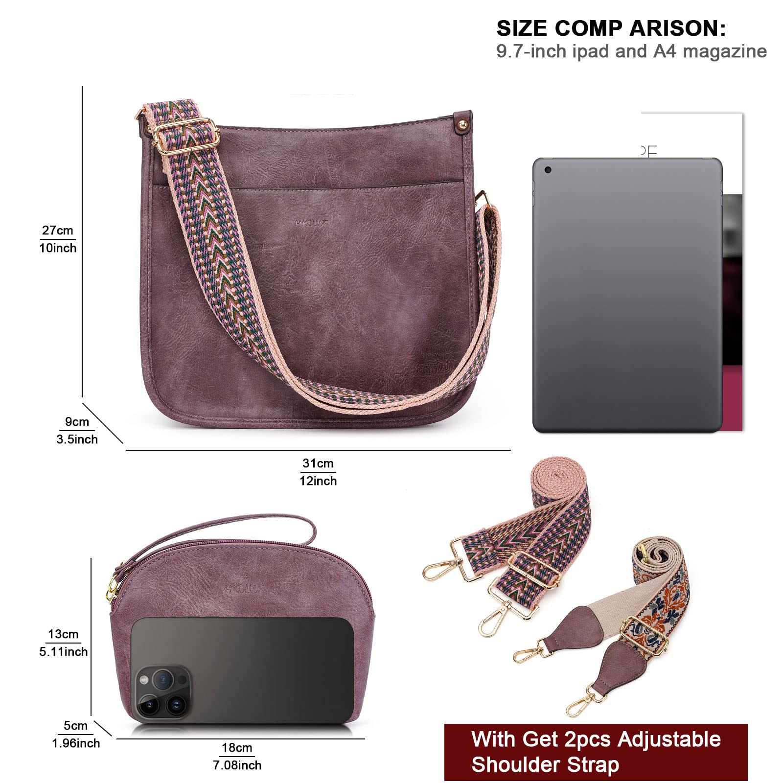 HKCLUF Women's Leather Crossbody Bag & Wallet Set - 2PCS Adjustable Shoulder Bag with Guitar Strap | Fashion Hobo Purse for Daily Use, Travel & Shopping