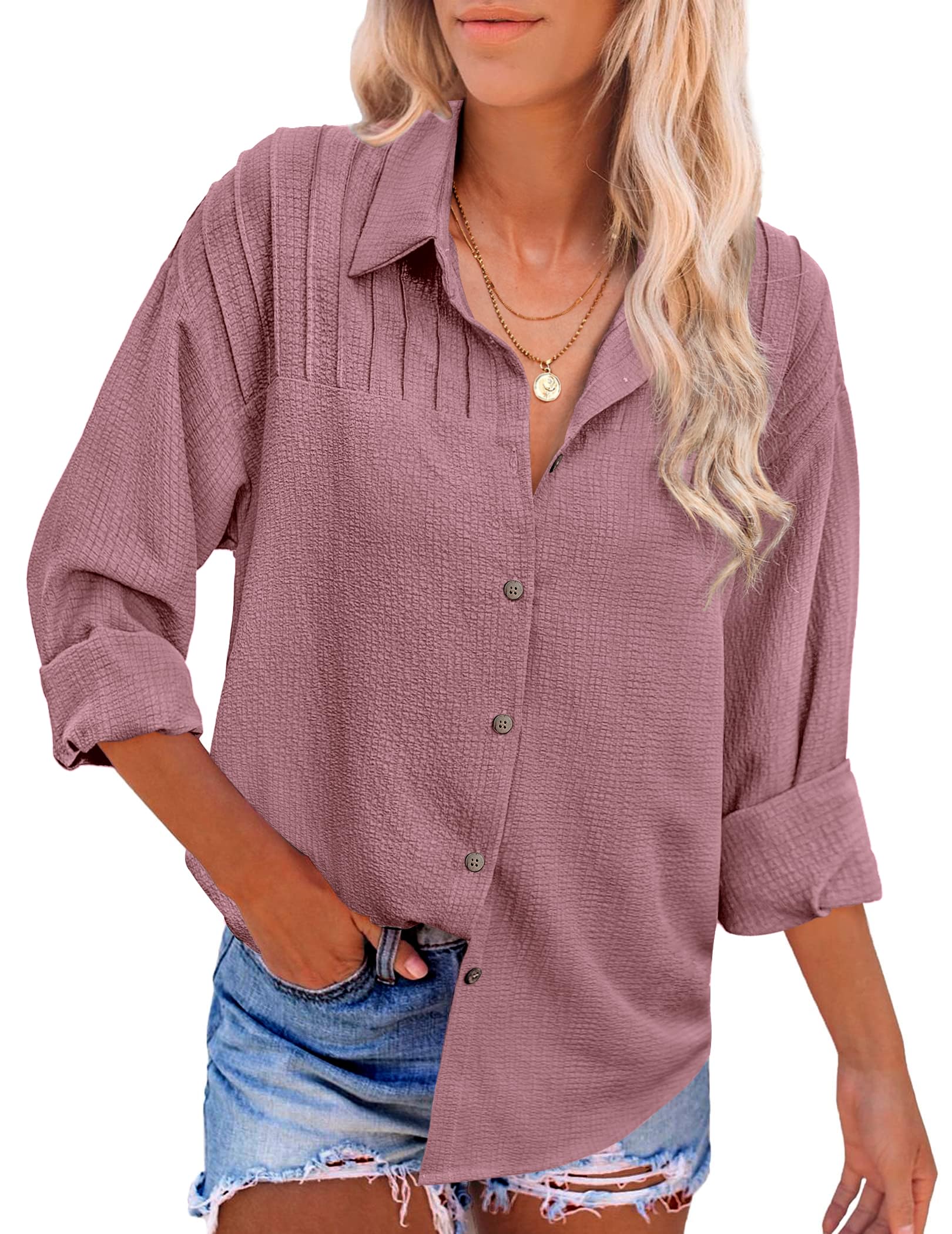 Hotouch Women's Long Sleeve Button Down Shirts - Oversized Collar Drop Shoulder Work Tops, Textured Loose Blouse (Sizes S-XXXL) | Perfect for Office, Casual Wear & Layering Outfits