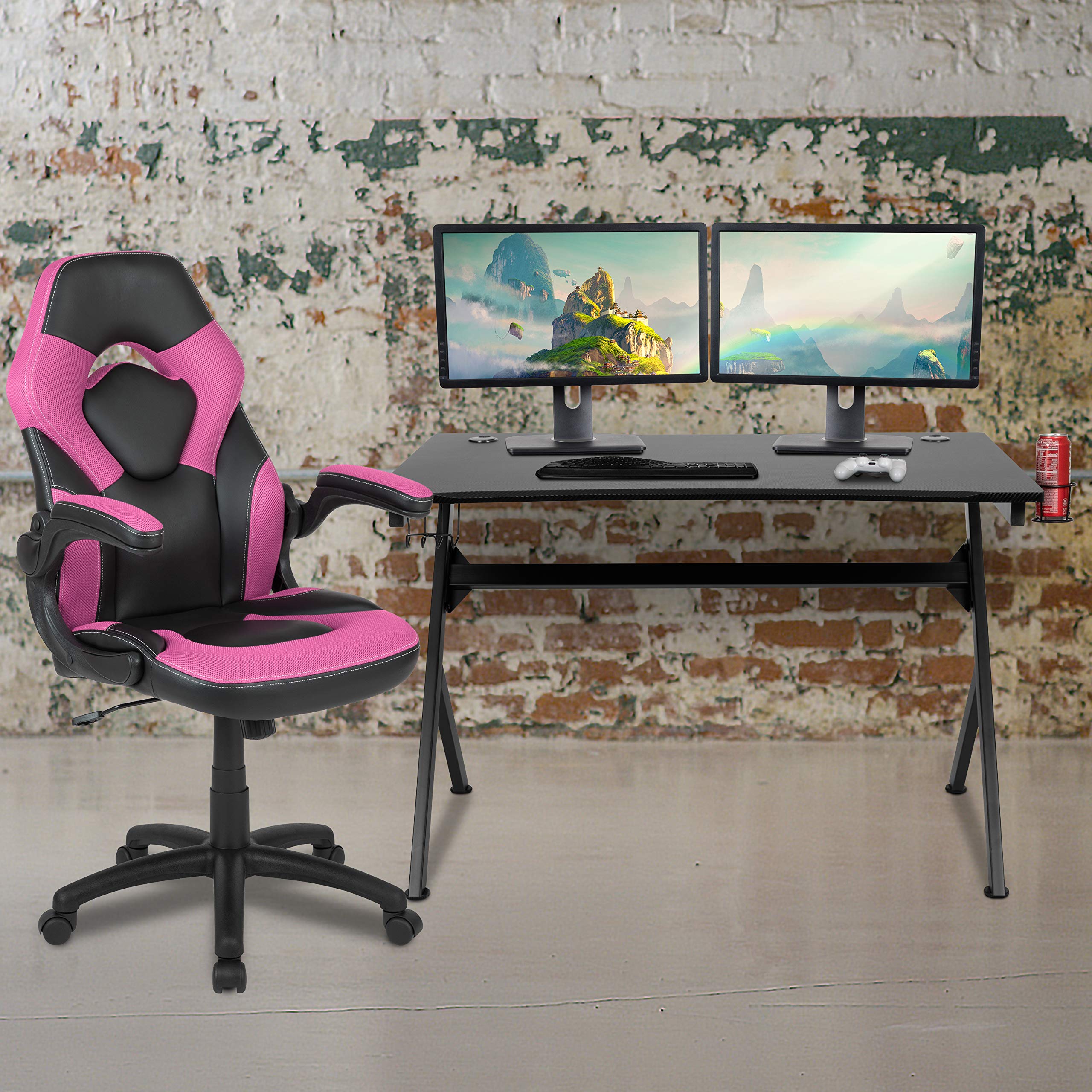 EMMA + OLIVER Black Pink Gaming Desk Bundle with Cup Holder & Headphone Stand - Cable Management System for PC Gaming Setup - Perfect for Home Office, Streaming & Esports Stations