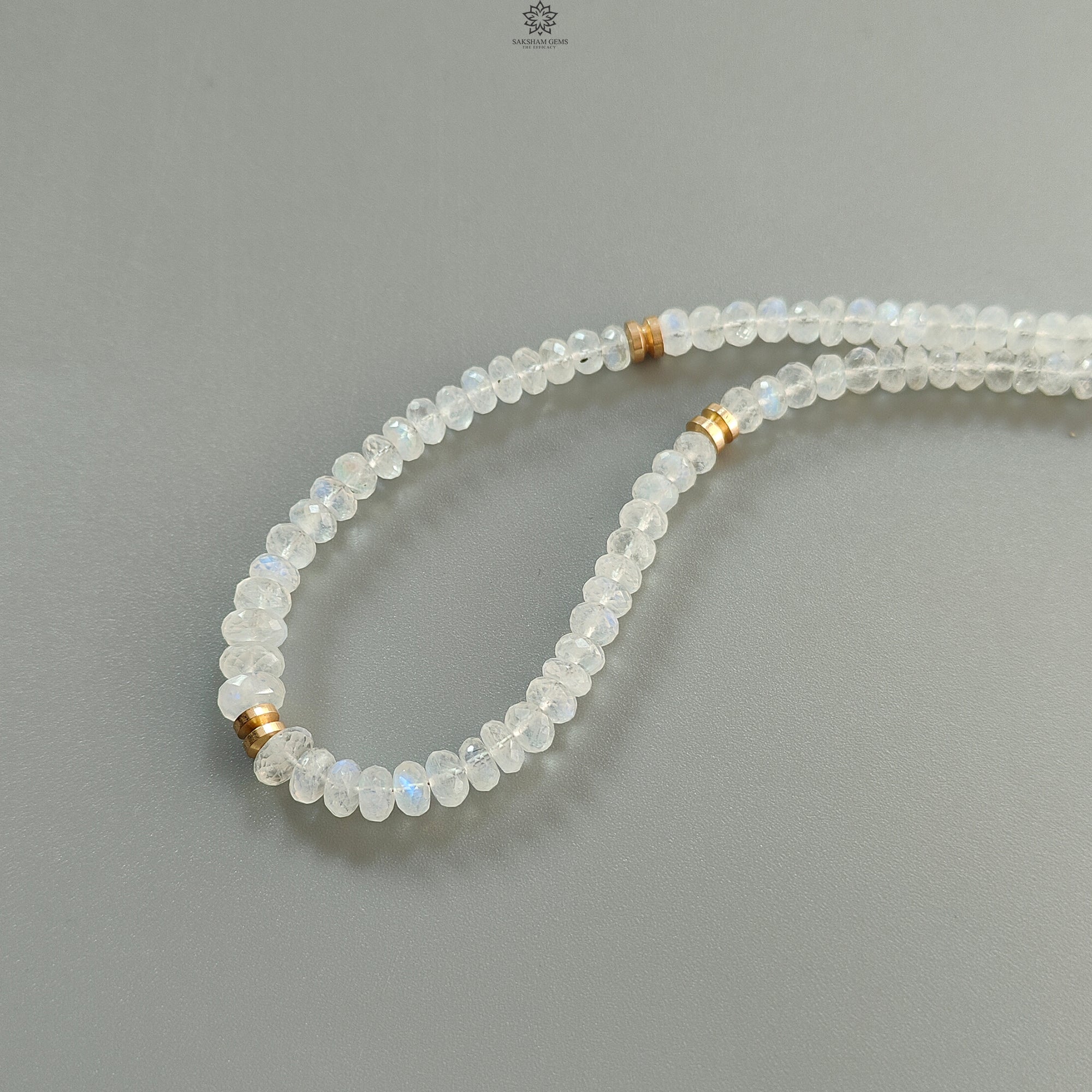 Natural Rainbow Moonstone Gemstone Beads Necklace - 23.36gms Genuine June Birthstone Jewelry with Brass Rondelle Beads, 18 Inch Length | Perfect for Spiritual Healing, Meditation & Boho Fashion Accessories