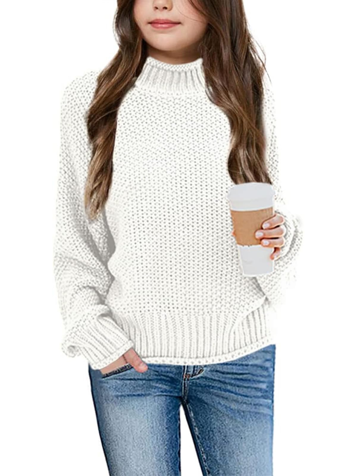 Imily Bela Girls Chunky Knit Turtleneck Sweater - Batwing Sleeve Pullover Jumper for Kids | Warm Winter Outfit for School, Playdates & Holiday Photos