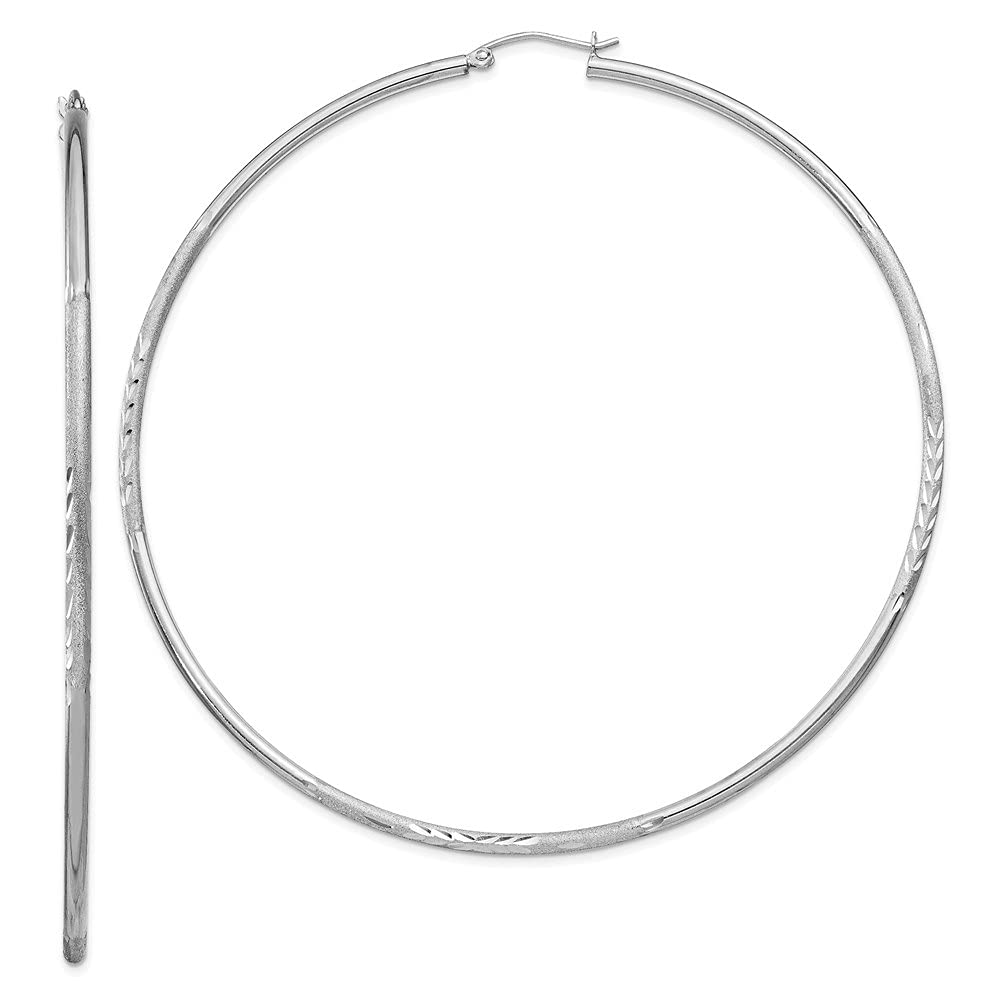 925 Sterling Silver Rhodium-Plated 2mm Polished & Satin Diamond-Cut Hoop Earrings for Women - Elegant Everyday Jewelry, Gift for Her, Wedding & Party Accessories