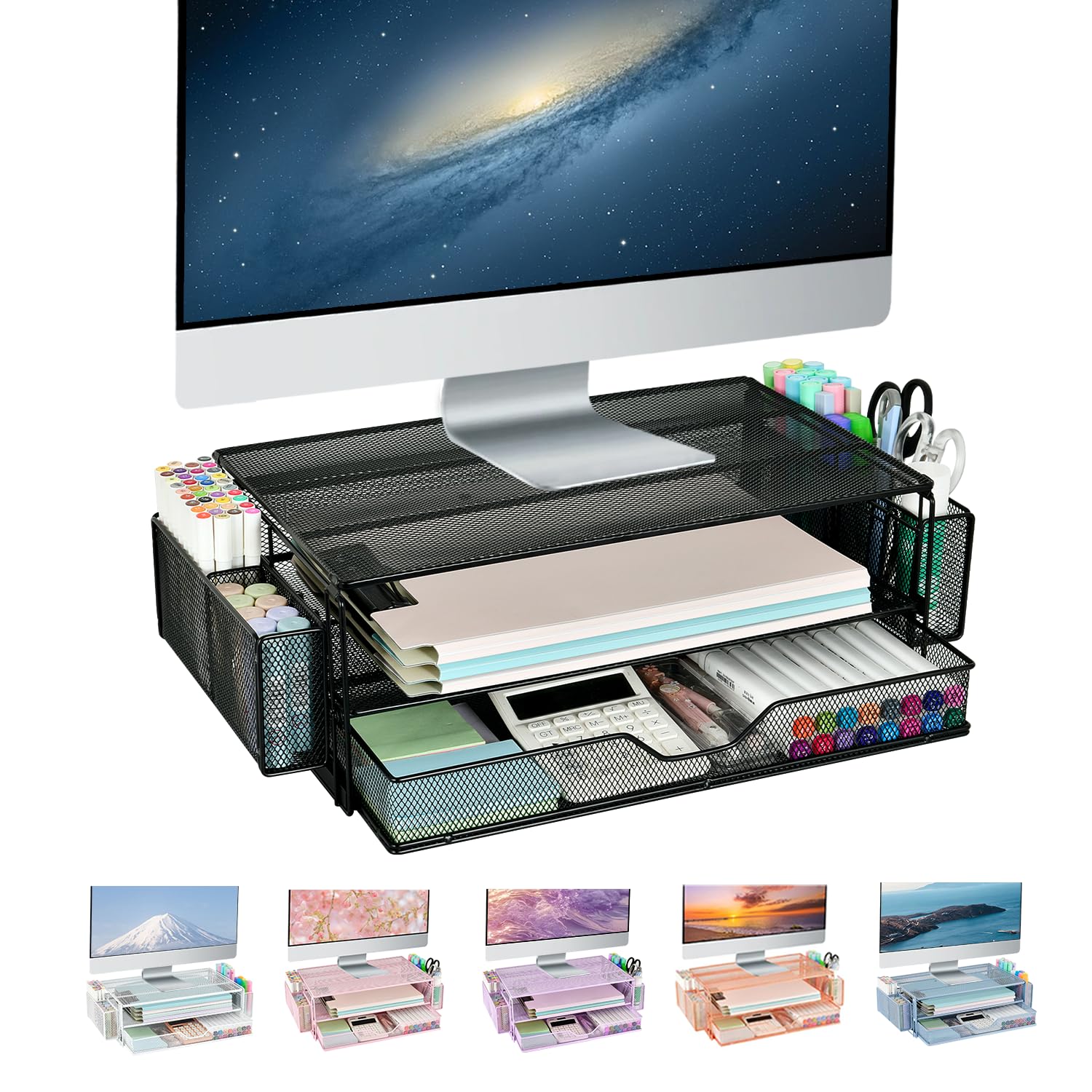 AUPSEN 2 Tier Metal Monitor Stand with Drawer & 2 Pen Holders - Adjustable Computer Monitor Riser, Desk Organizer for Laptop, PC, Printer - Perfect for Home Office, Gaming Setup & Workspace Accessories (Black)