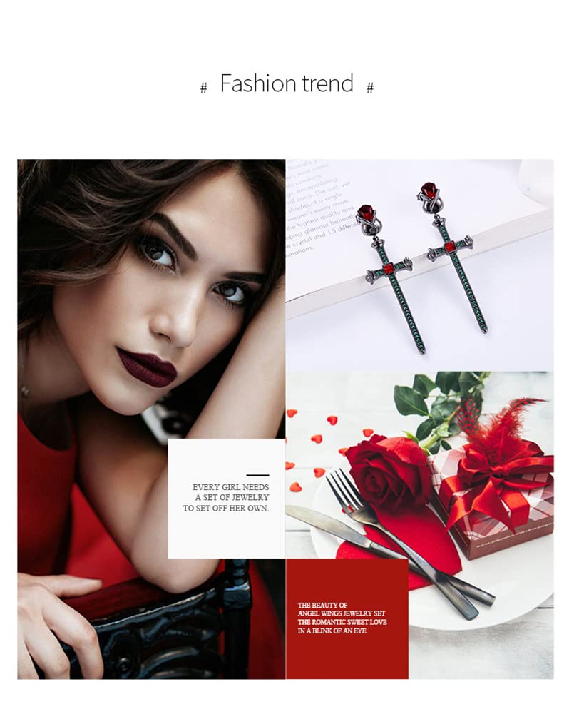 Black Rose Flower Earrings with Cross Dangle - Vintage Dark Rose Stud Earrings for Women, Red & Green Crystal Jewelry Gift | Perfect for Gothic Fashion, Evening Parties & Unique Gift Giving