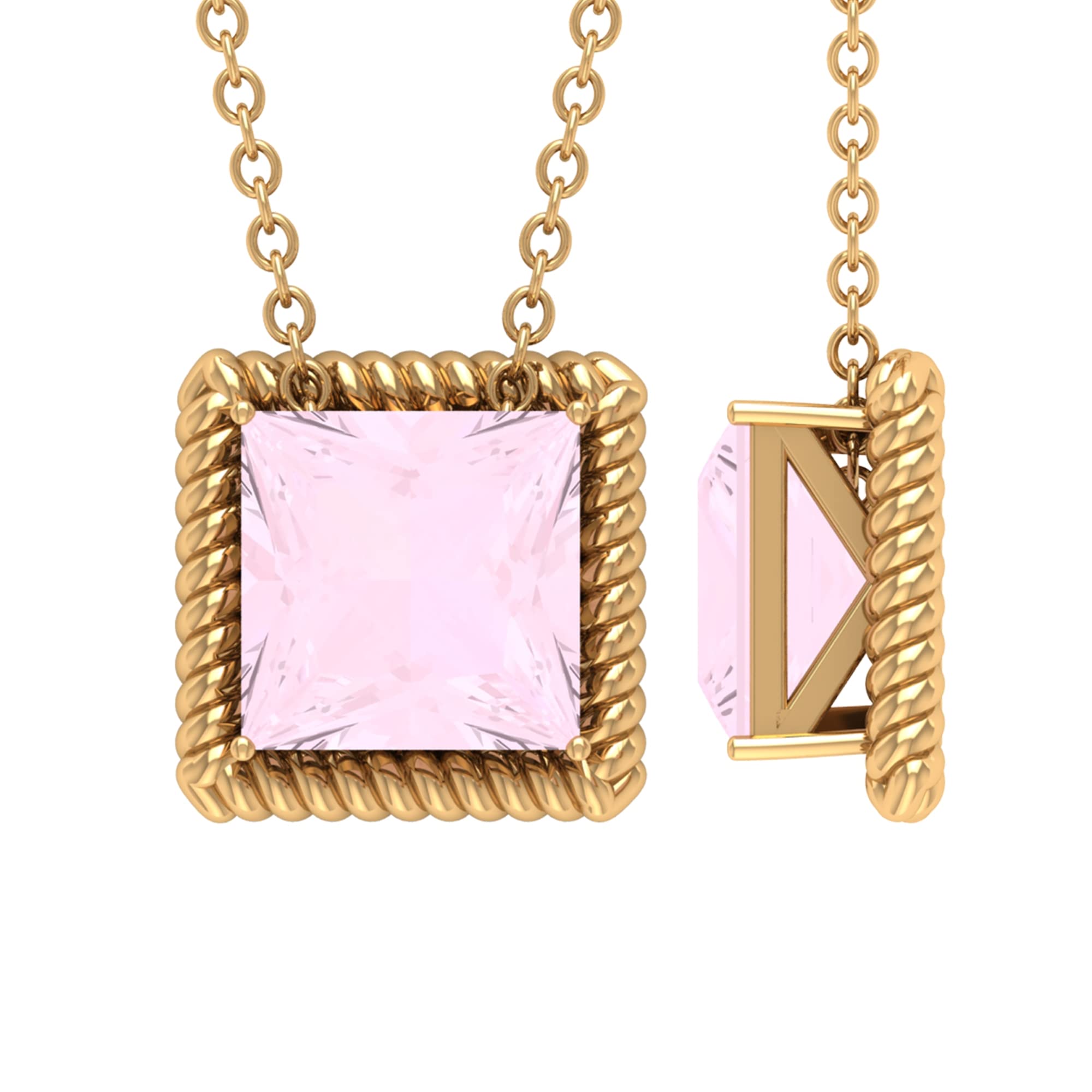 1.50 CT Princess Cut Rose Quartz Pendant Necklace - 14K Solid Gold Rope Frame with 4-Prong Setting - Elegant Solitaire Jewelry for Women - Perfect for Valentine's Day, Anniversary & Special Occasion Gifts