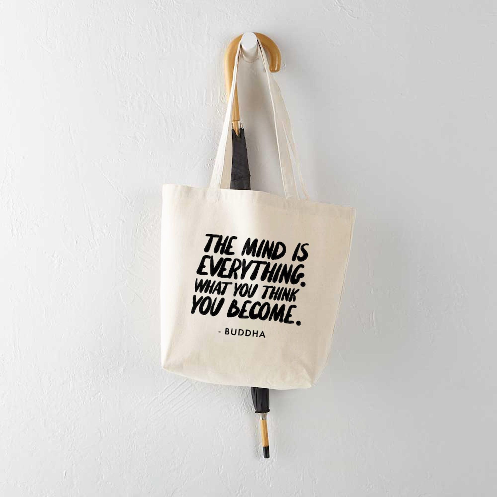 Buddha Quote 'The Mind Is Everything' Tote Bag - Natural Canvas Reusable Shopping Bag for Yoga, Meditation & Eco-Friendly Grocery Shopping