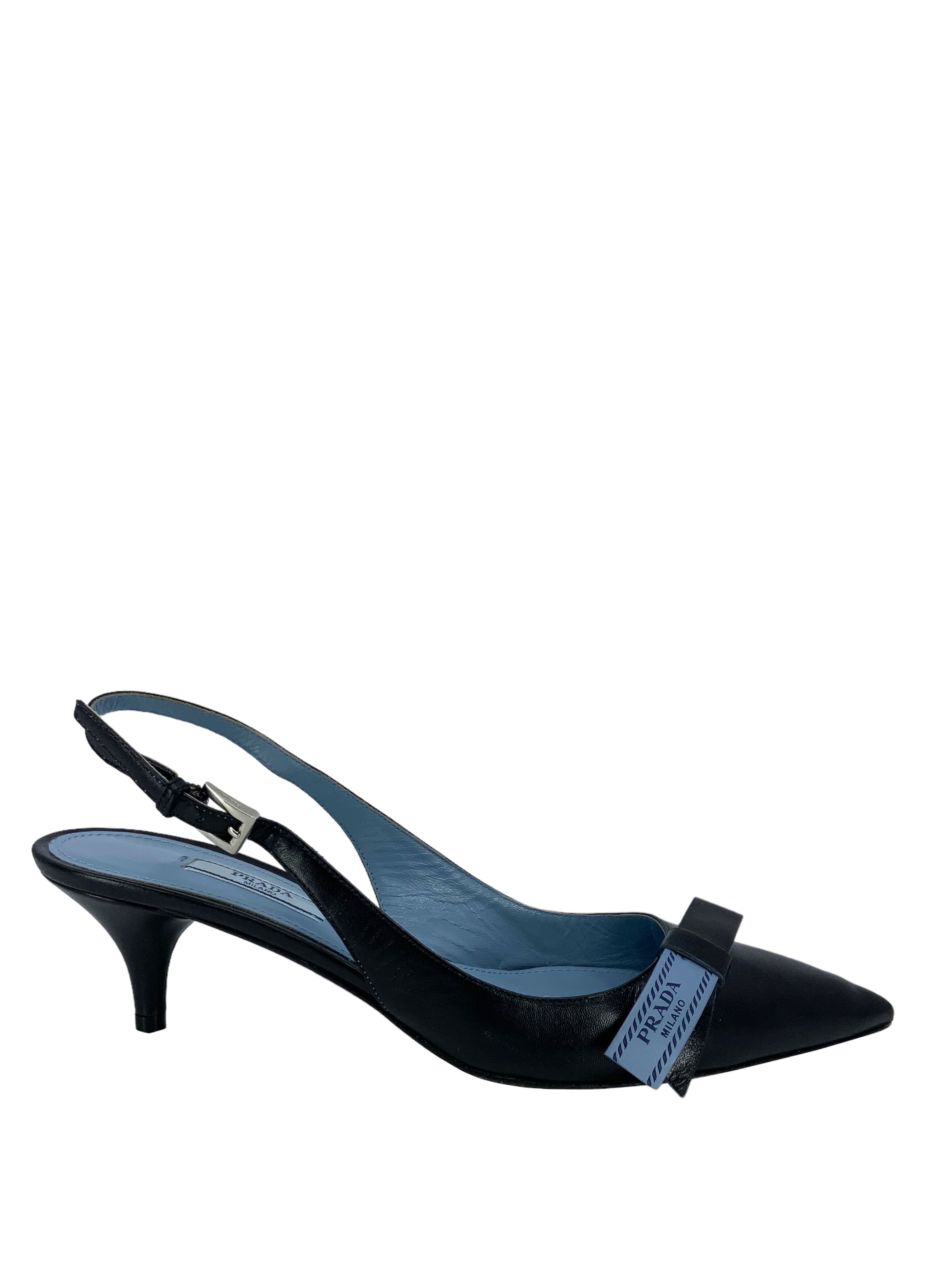 Prada Leather Logo Bow Kitten Heel Slingback Pumps Women's Size 7.5 - Perfect for Office, Party & Special Occasions