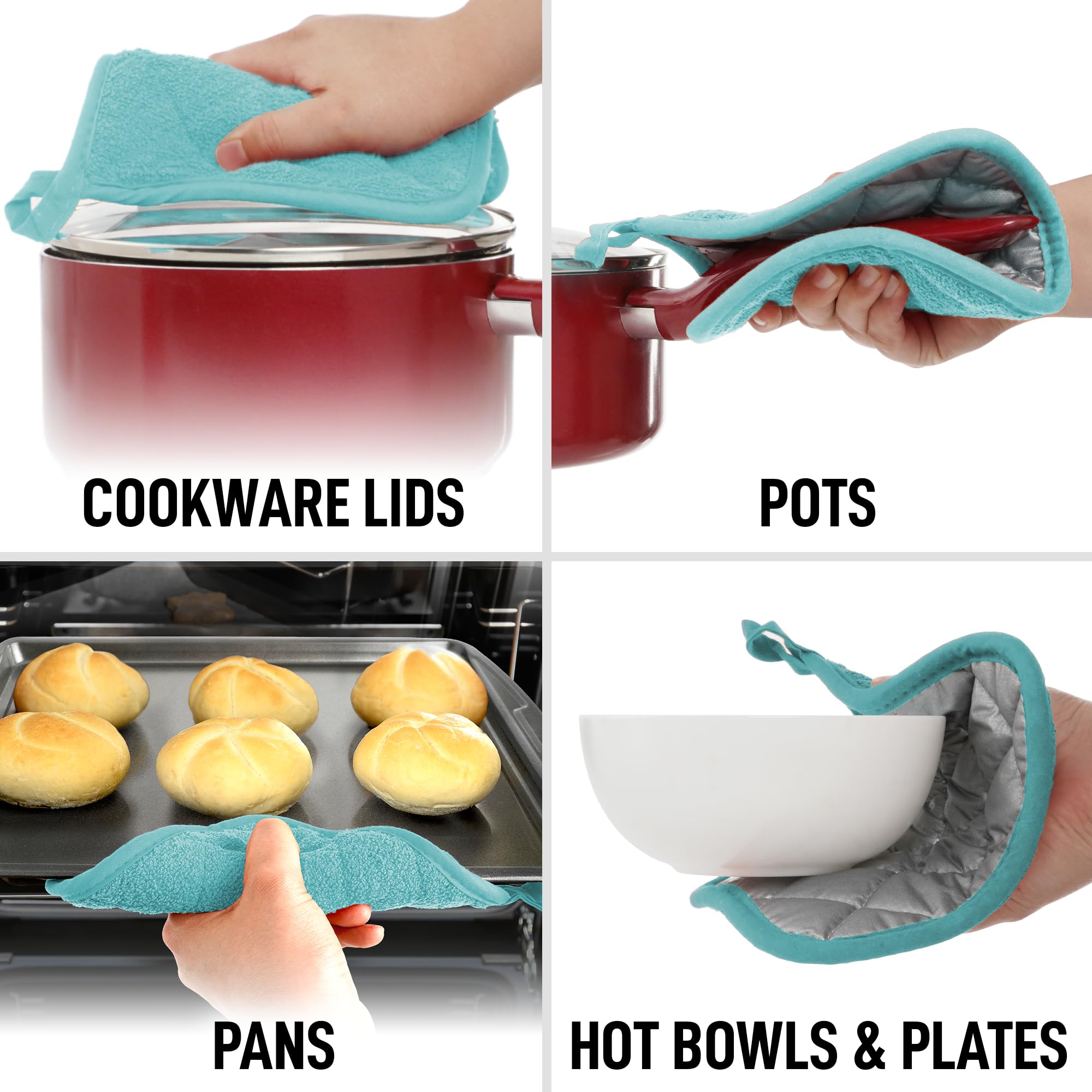 Zulay Premium Heat Resistant Cotton Pot Holders - 7x7 Inch Quilted Terry Cloth Kitchen Potholders Set (Aqua) - Washable & Durable for Cooking, Baking, Grilling & Hot Dish Handling - Perfect for Stovetop, Oven & BBQ Use