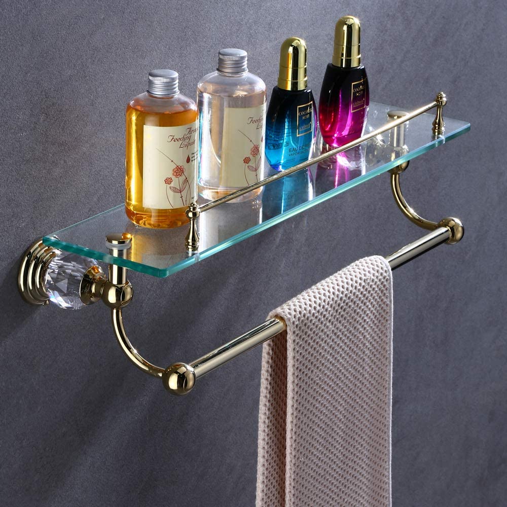 Gold Brass Glass Shelf with Towel Bar - 19.5 Inch European Crystal Bathroom Wall Shelf for Towels & Decor - Perfect for Modern Bathrooms, Powder Rooms & Spa-Style Showers