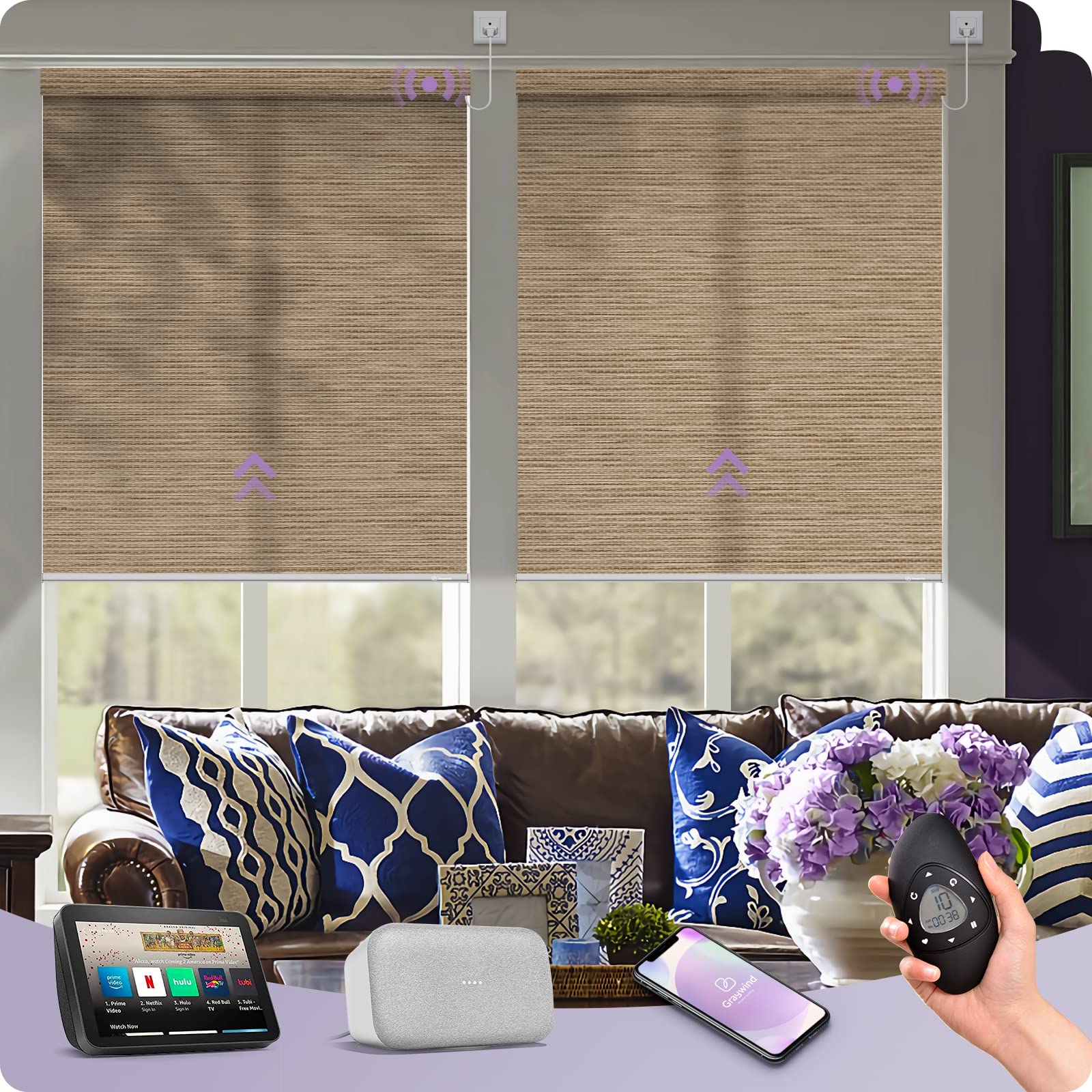 Graywind Motorized Smart Roller Shades - Alexa & Google Home Compatible, WiFi Hardwired, Light Filtering, Remote Control, Automated Electric Window Blinds - Custom Size (Woven Beige) for Living Room, Bedroom & Office