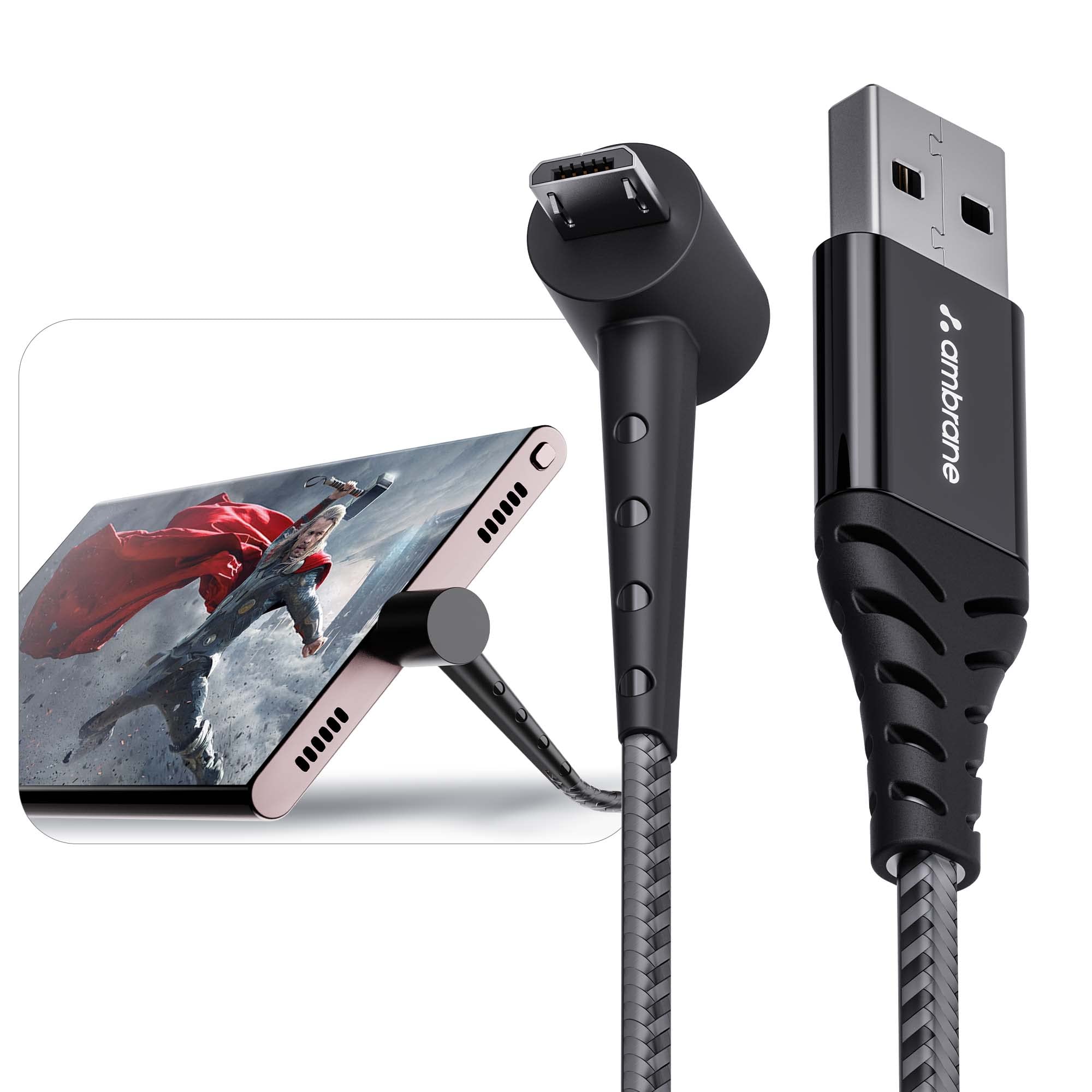 Ambrane Micro USB Cable 3A Fast Charging & 480Mbps Data Transfer, 1.5m Braided Nylon Standing Cable for Mobile Phones - Perfect for Charging While Watching Videos/Gaming (Black)