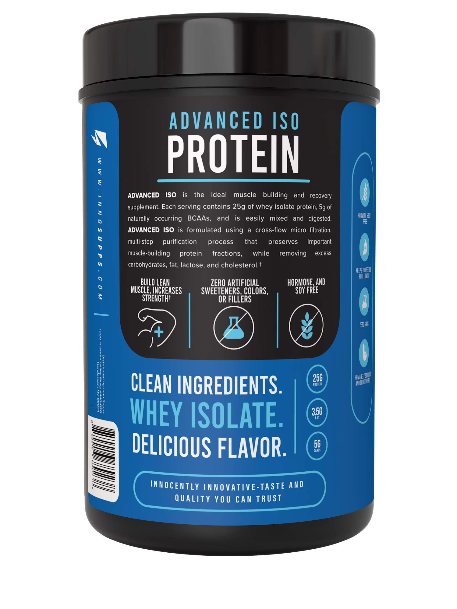 InnoSupps Advanced Iso Protein Powder - 100% Whey Isolate, No Artificial Sweeteners, Low Fat & Carbs, 25g Protein per Serving, Hormone/Gluten/Soy Free, Hot Cocoa Crunch Flavor - Ideal for Post-Workout Recovery & Muscle Building