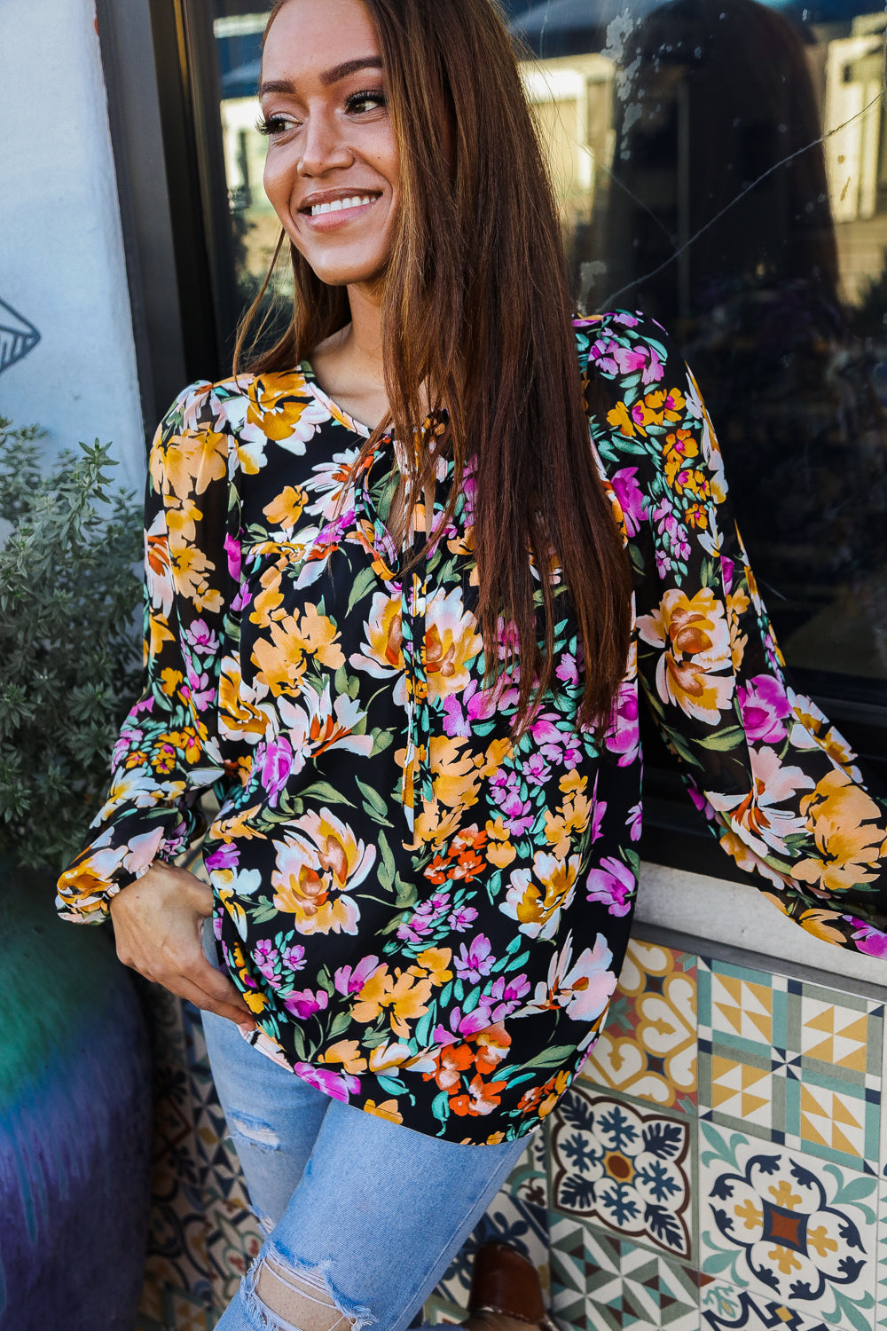 Boho Floral Print Long Sleeve Blouse - Women's Notch Neck Tie Front Tunic Top for Casual Outings, Date Nights & Spring Fashion | Plus Size Options Available