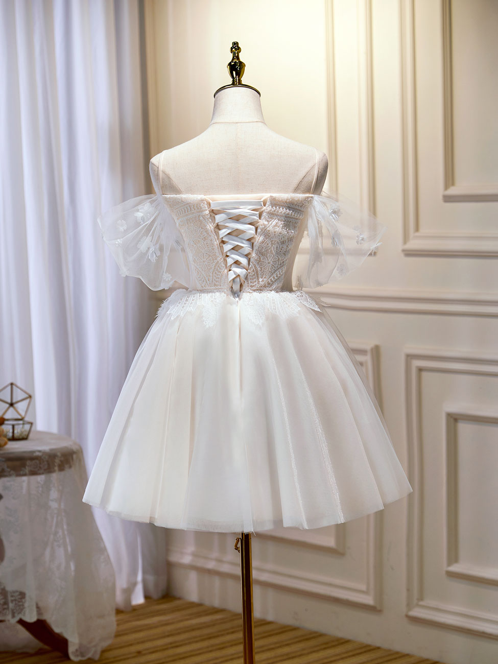 Elegant Mini Beige Prom Dress with Lace Details - Short Puffy Homecoming Dress for Teens - Perfect for Formal Dances, Parties & Special Occasions