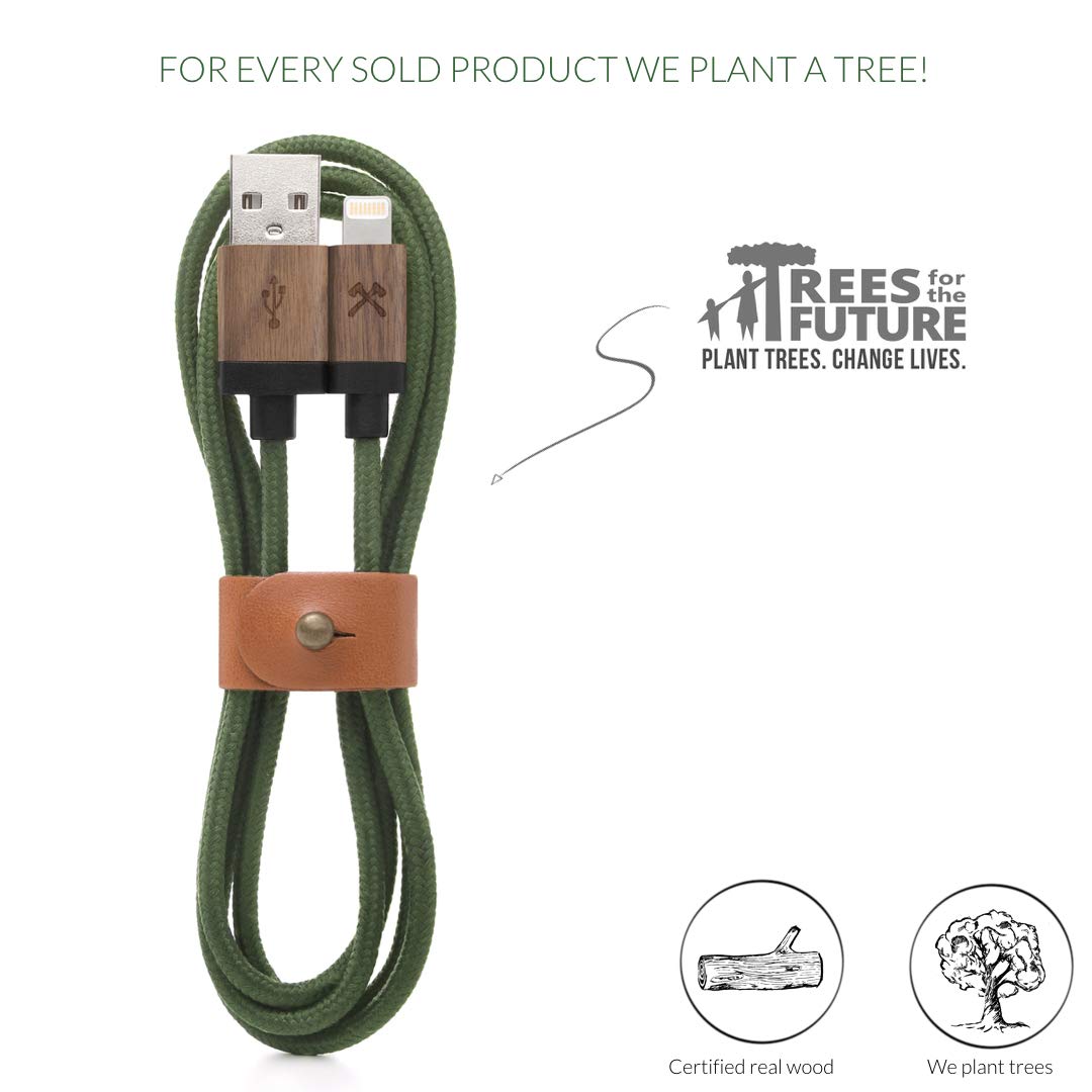 Eco-Friendly Wooden Lightning Cable - Compatible with All Apple Lightning Devices, Real Wood & Nylon Braided Charging Cord (Walnut/Green) - Perfect for Home, Office & Travel Charging