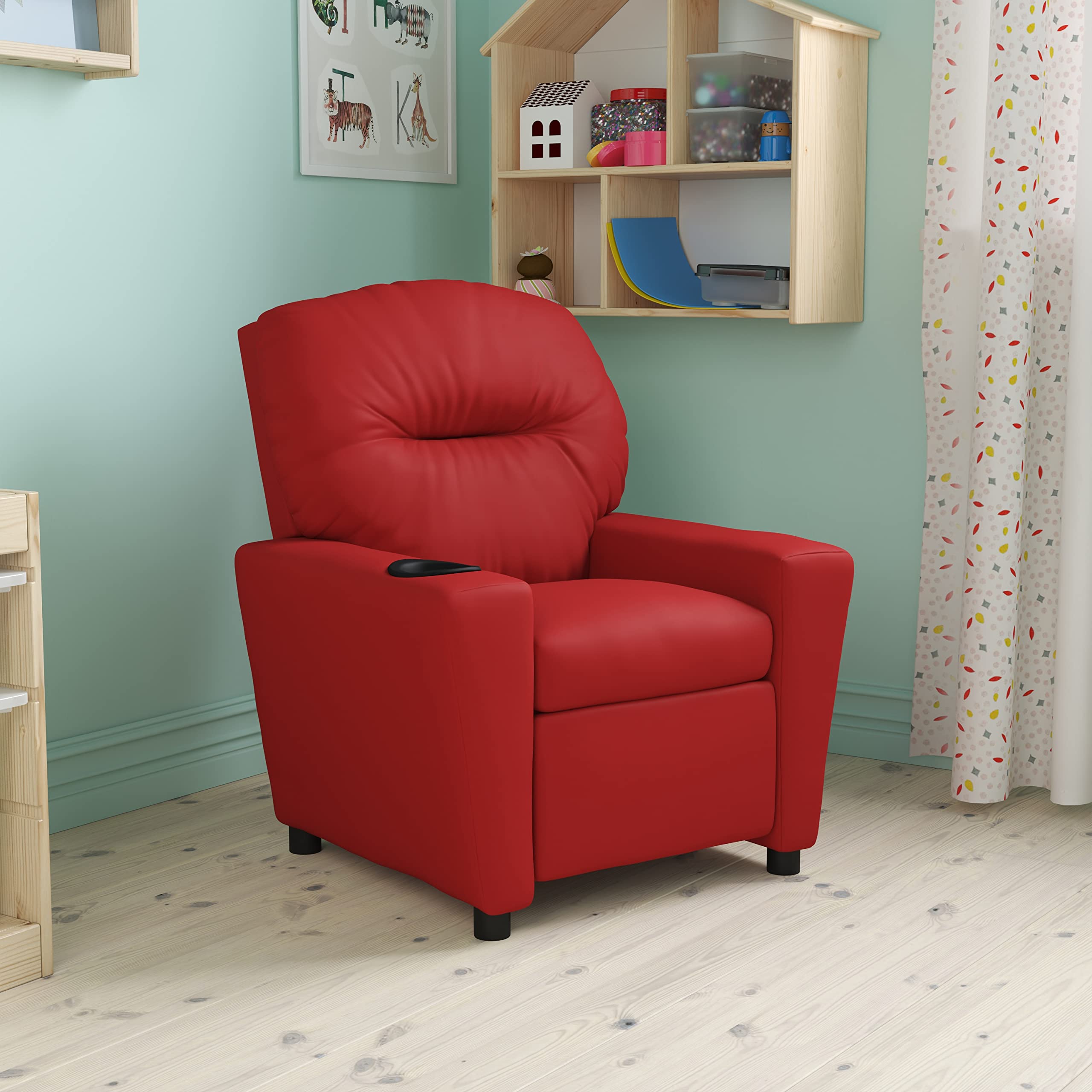 BizChair Red Vinyl Kids Recliner with Cup Holder - Comfortable Children's Armchair for Playroom, Bedroom & TV Watching