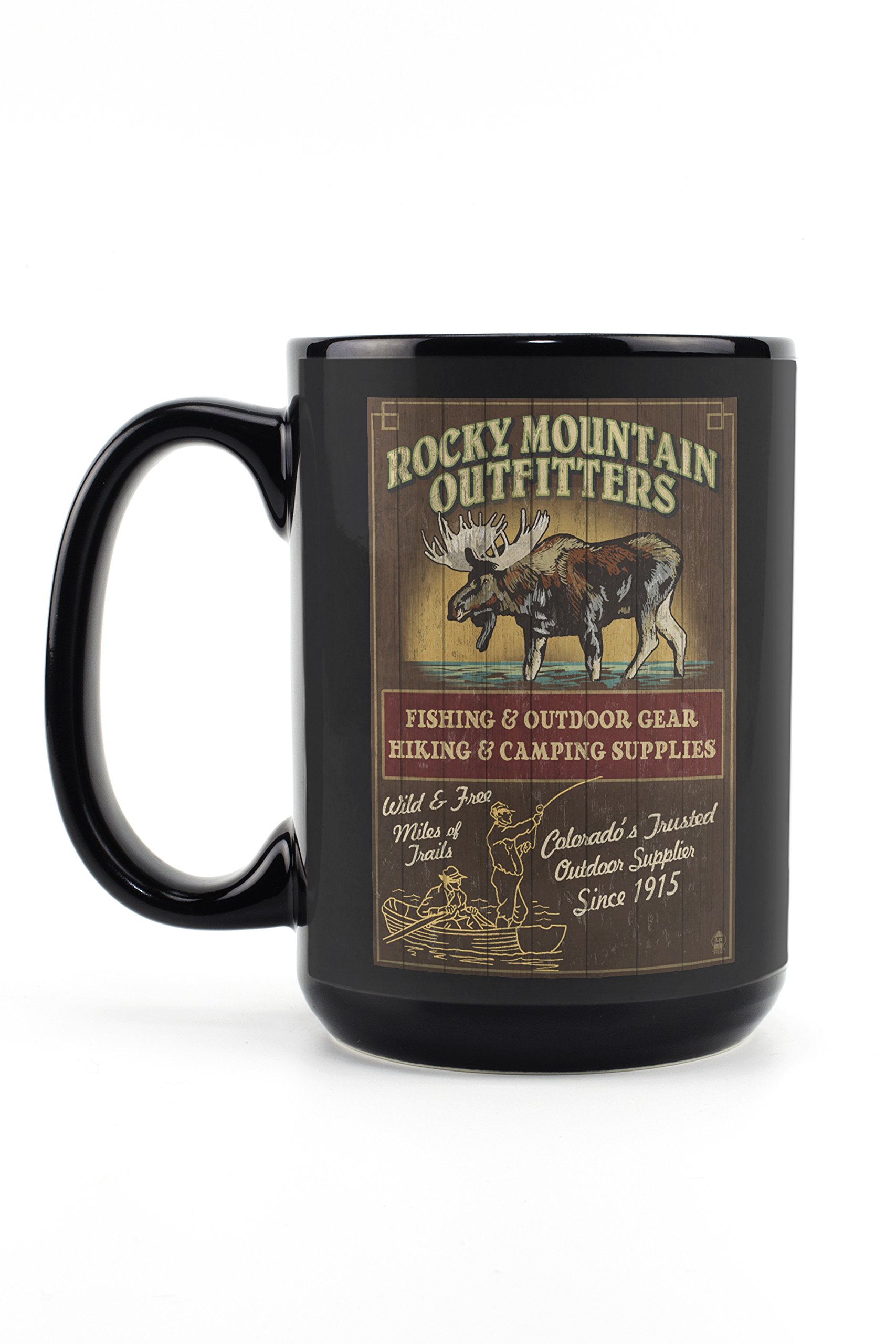 Vintage Rocky Mountain Moose Outfitters Sign Ceramic Mug - 15oz Black Coffee & Tea Cup, Dishwasher & Microwave Safe - Perfect for Camping, Office & Home Use