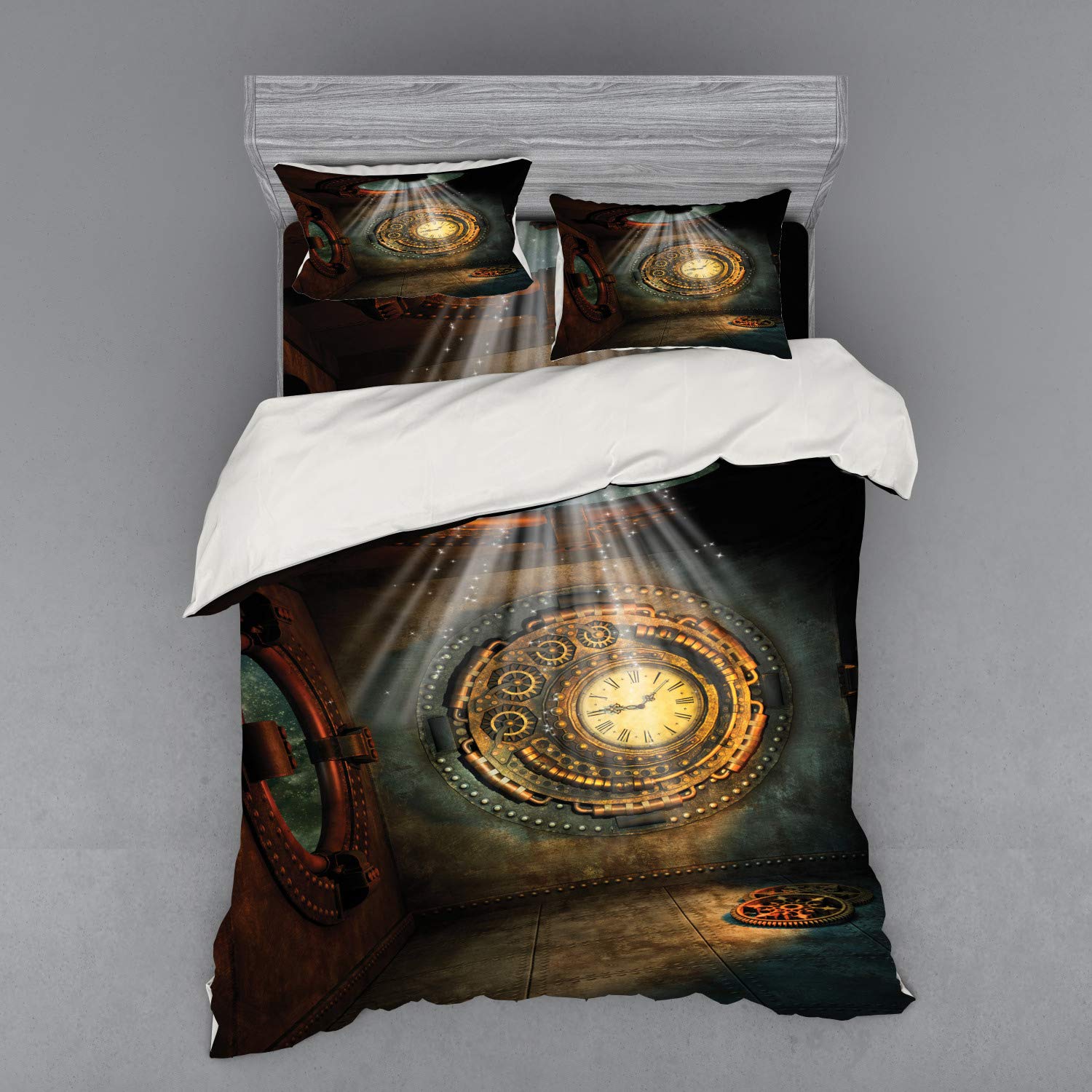 Ambesonne Fantasy Duvet Cover Set - Queen Size 4-Piece Bedding with Clock Dream Sky Design, Brown & Teal Fictional Artwork - Includes Shams & Fitted Sheet for Bedroom Decor | Perfect for Fantasy Themed Rooms, Guest Bedrooms & Cozy Retreats
